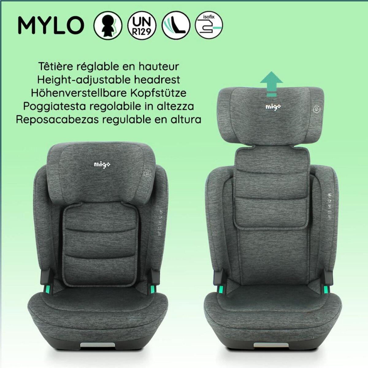 NANIA Migo Siège auto réhausseur enfant Mylo inclinable ISOFIX I-size 100-150cm- groupe 2/3 (15-36kg)- Fixations Isofix ou ceinturé