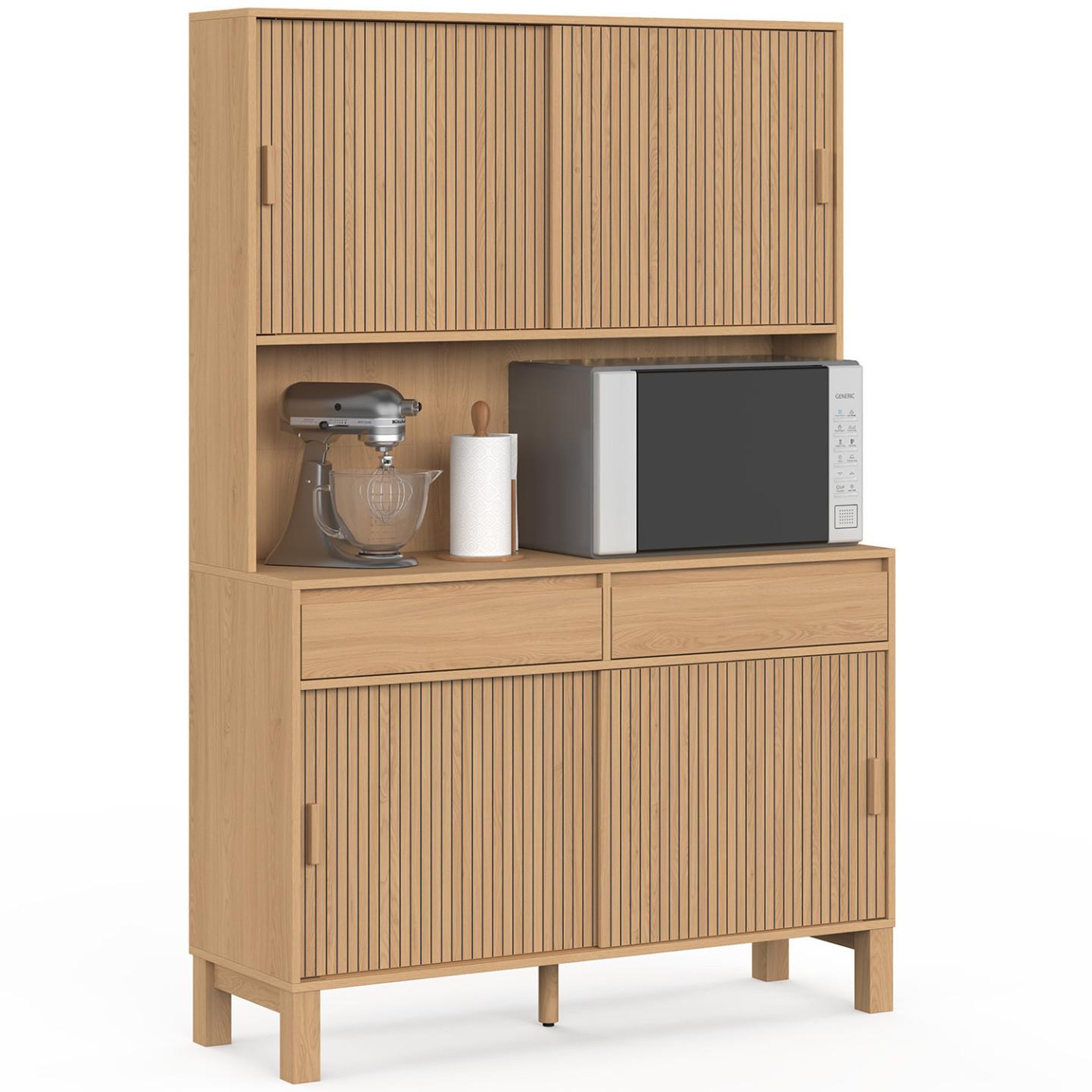 ID MARKET Buffet de cuisine 120 cm JULIETTE 4 portes coulissantes + 2 tiroirs effet lattes tasseau bois
