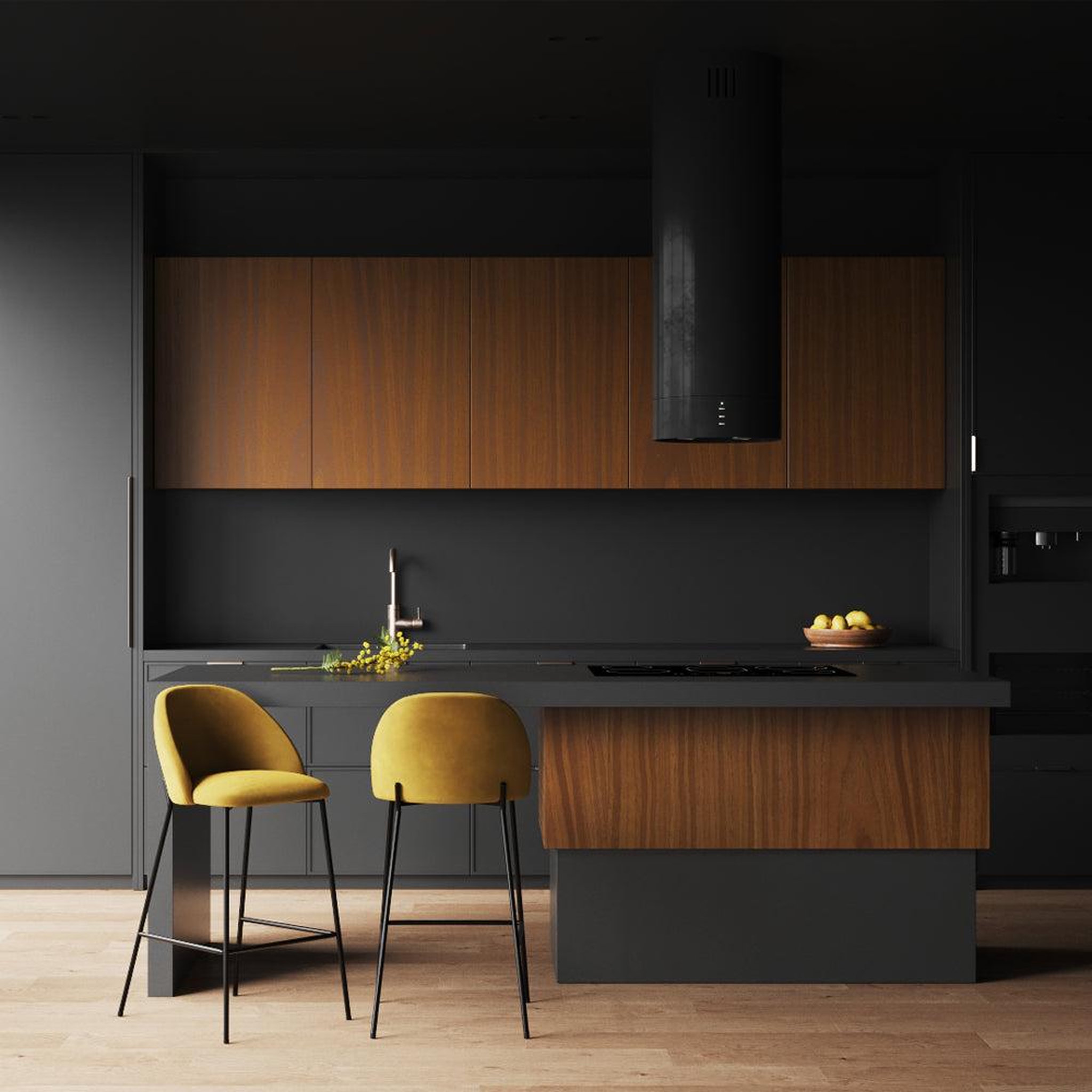 Voir la diapositive 6 : MAISON PAVANE Lot de 2 chaises pour îlot central 66 cm en velours jaune moutarde-karl