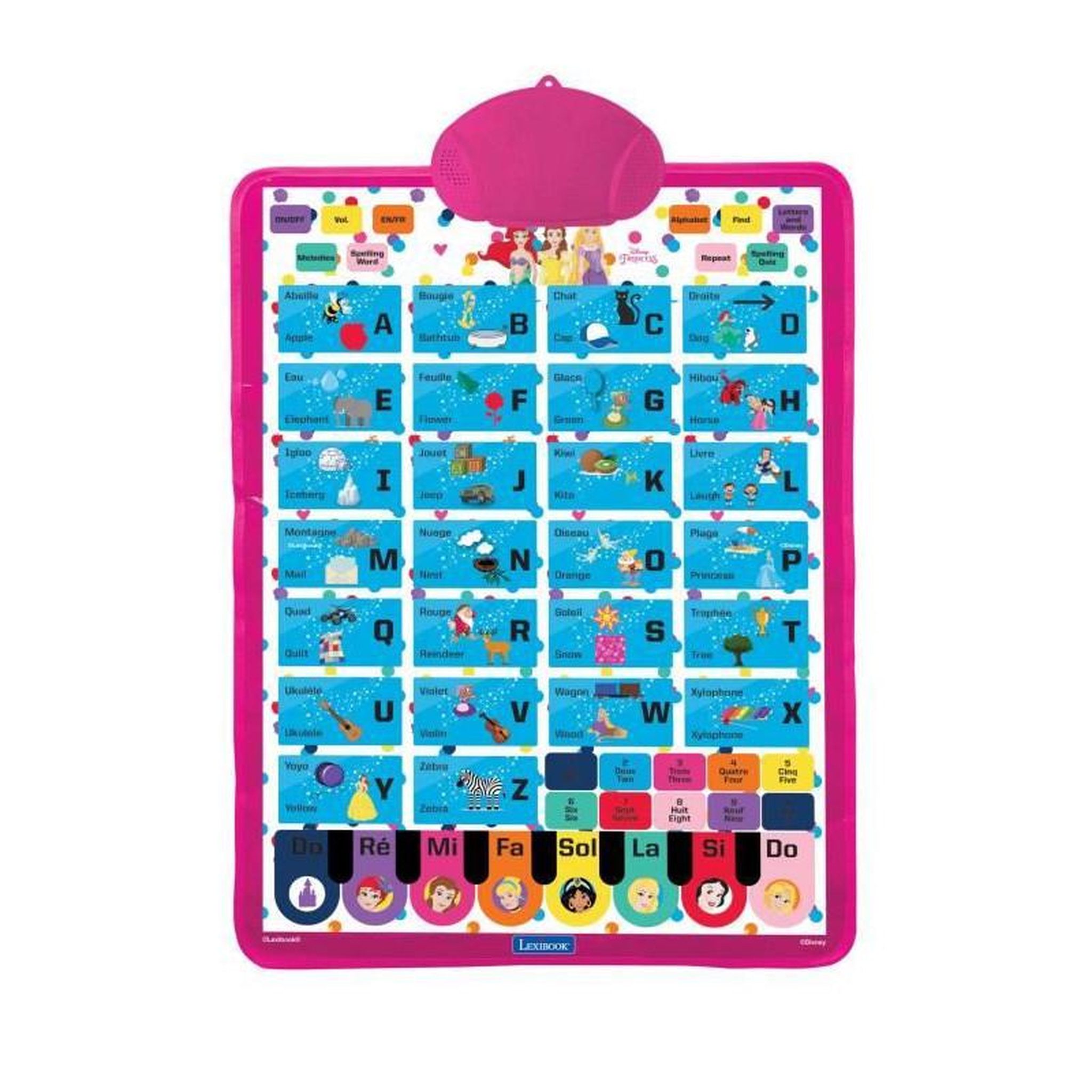 Lexibook Un poster éducatif parlant bilingue FR/EN, pour apprendre l'alphabet, du vocabulaire et l'orthographe avec les Princesses Disne