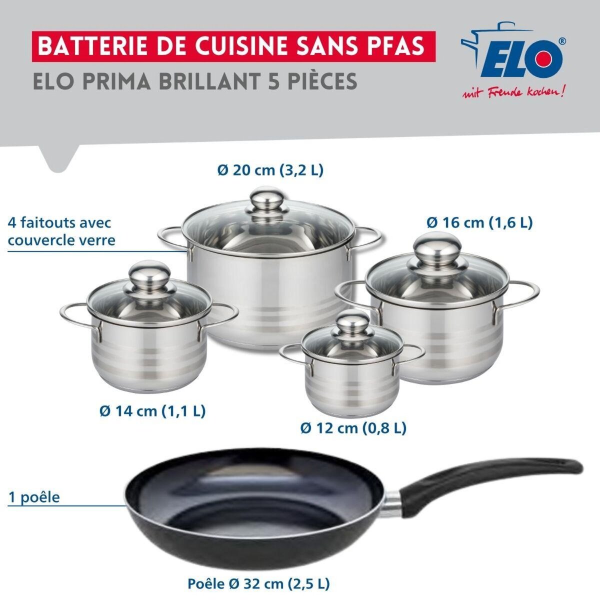 ELO Ensemble de 1 Poêle de cuisson 32 cm et 4 faitouts 12, 14, 16 et 20 cm Elo Prima Brillant