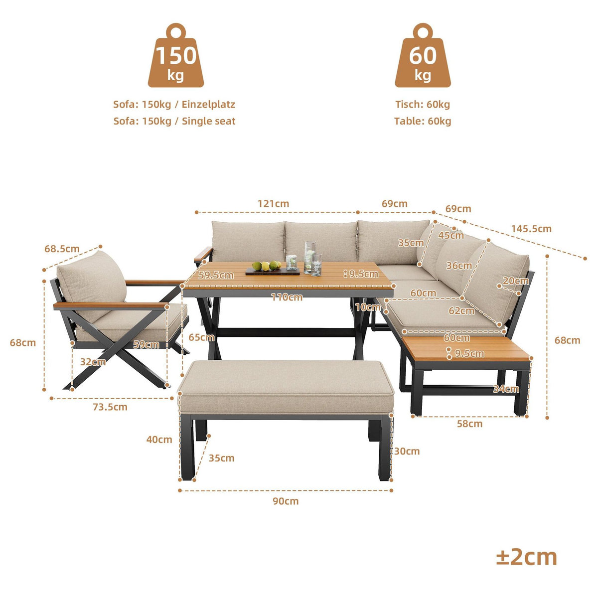 MERAX Salon de jardin modulaire 7 places en fer avec coussins de 10 cm et tables en bois