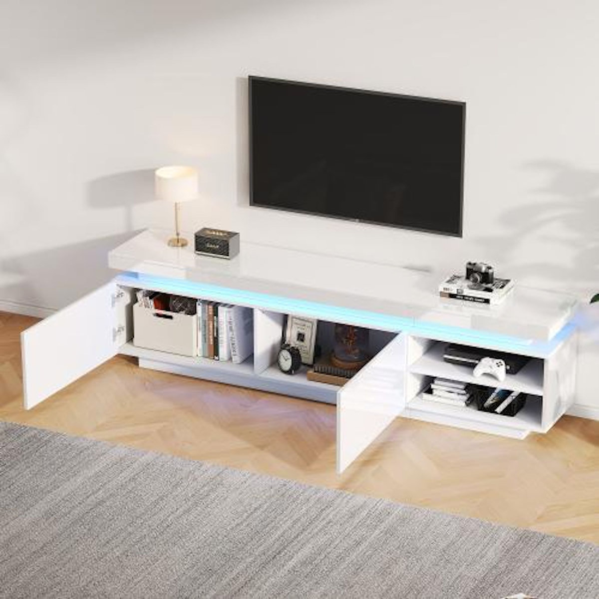 MERAX Meuble tv blanc 170cm led panneau de particules