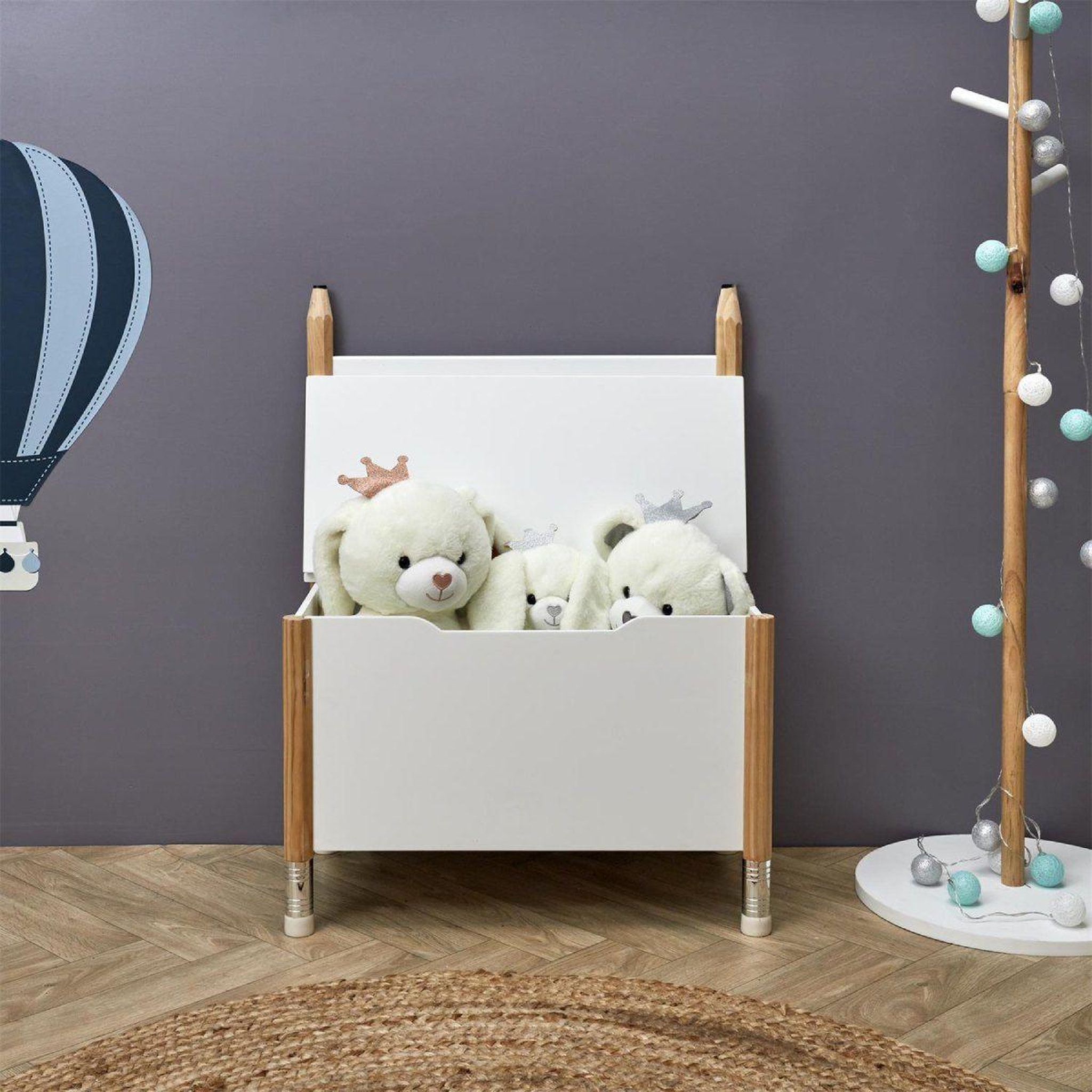 Voir la diapositive 6 : HOME DECO KIDS Coffre de rangement & banc  crayon  80cm blanc