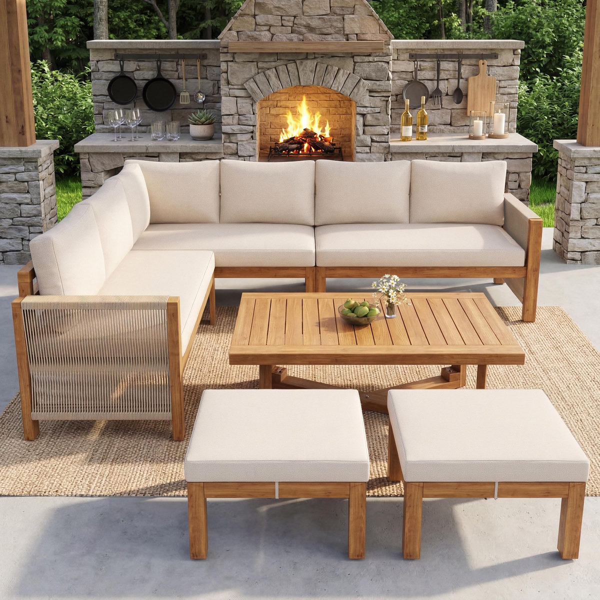 MERAX Salon de jardin 6 place en bois avec coussins