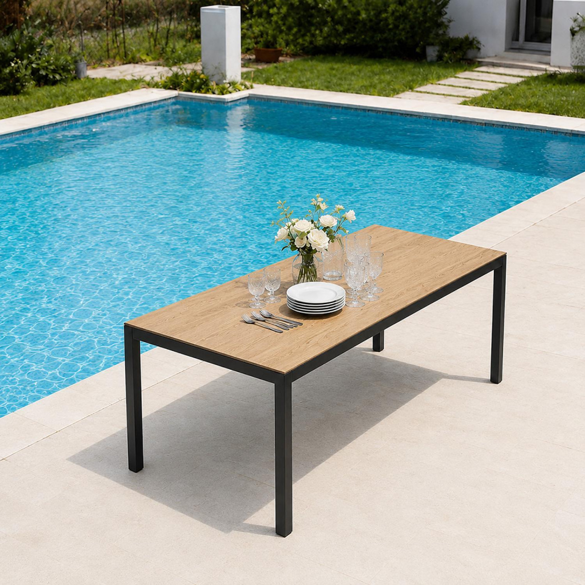 Voir la diapositive 4 : CONCEPT USINE Table de jardin 240cm 10 personnes avec plateau en verre trempé effet bois brisbane
