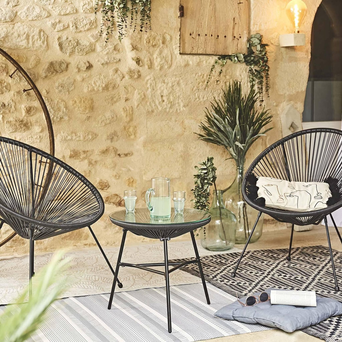 SWEEEK Lot de 2 fauteuils design Oeuf - Acapulco Noir - Fauteuils 4 pieds design rétro. cordage plastique. intérieur / extérieur