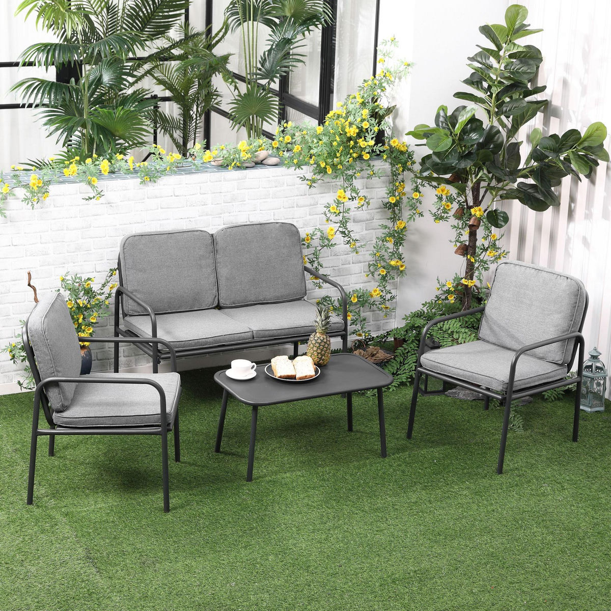 OUTSUNNY Ensemble salon de jardin 4 places 4 pièces - 8 coussins déhoussables inclus - métal époxy polyester gris