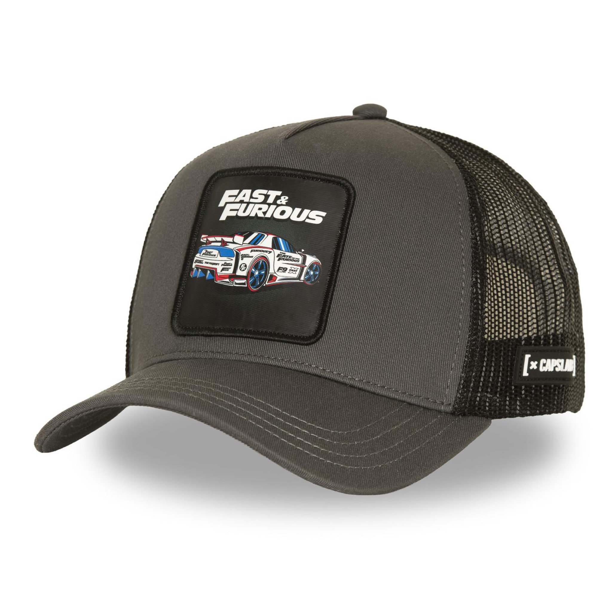 CAPSLAB Casquette trucker avec filet et patch fast and furious drift. Coloris disponibles : Gris