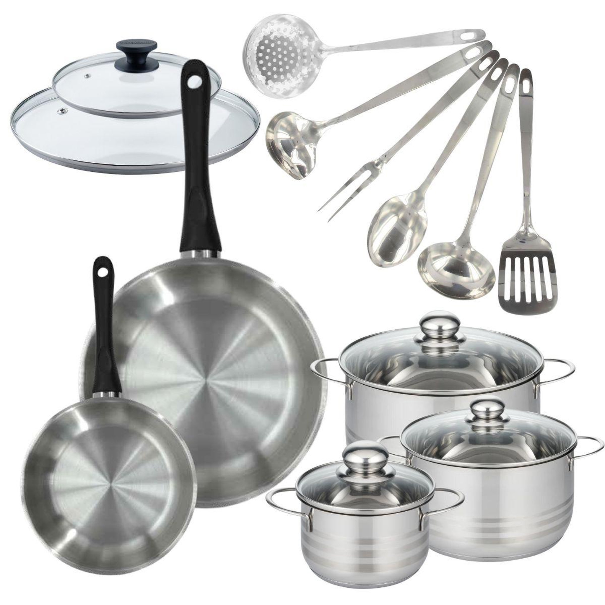 Fackelmann Batterie de cuisine 2 poêles 20/28 cm et couvercles, 3 faitouts 16/20/24 cm et 6 ustensiles fackelmann geneva