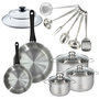 Voir la diapositive 1 : Fackelmann Set de 2 poêles 20, 28 cm inox, couvercles verre, 3 faitouts inox 16, 20 et 24 cm et 6 ustensiles inox Fackelmann Geneva