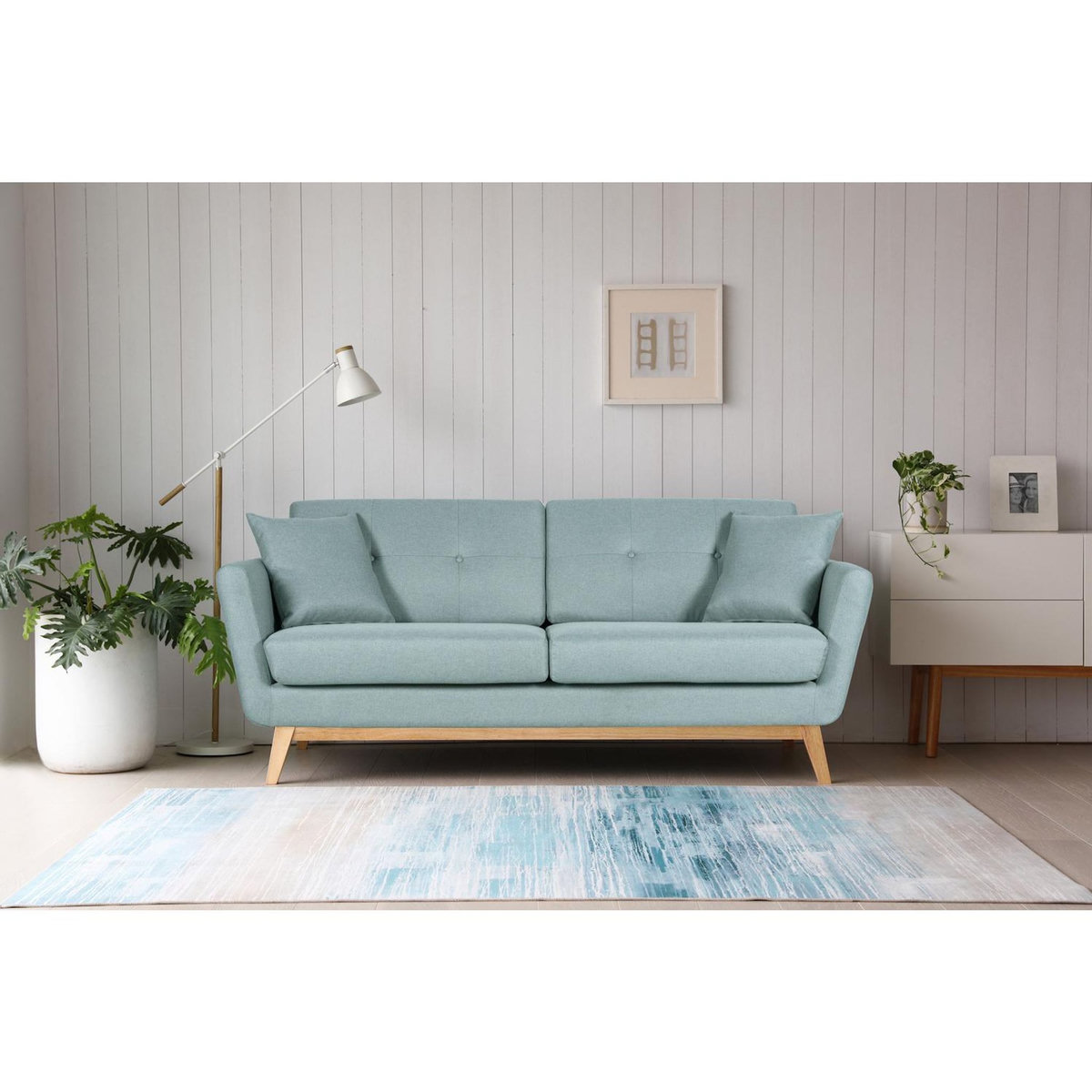 CONCEPT USINE Canapé 3 places scandinave et 2 coussins en tissu vert d'eau HOGA