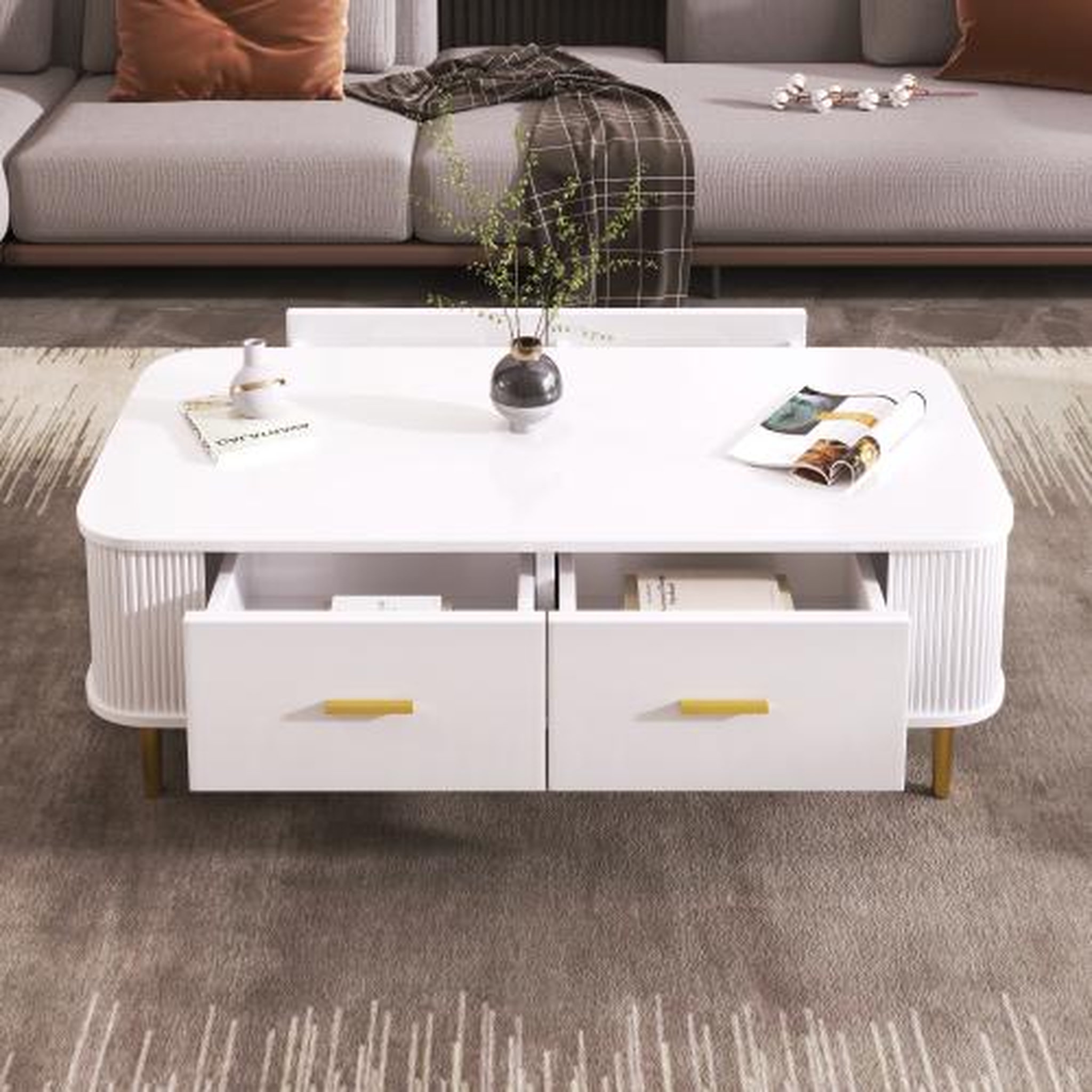 Voir la diapositive 5 : MERAX Table basse rectangulaire blanc avec 4 tiroirs - 51x105 cm mdf
