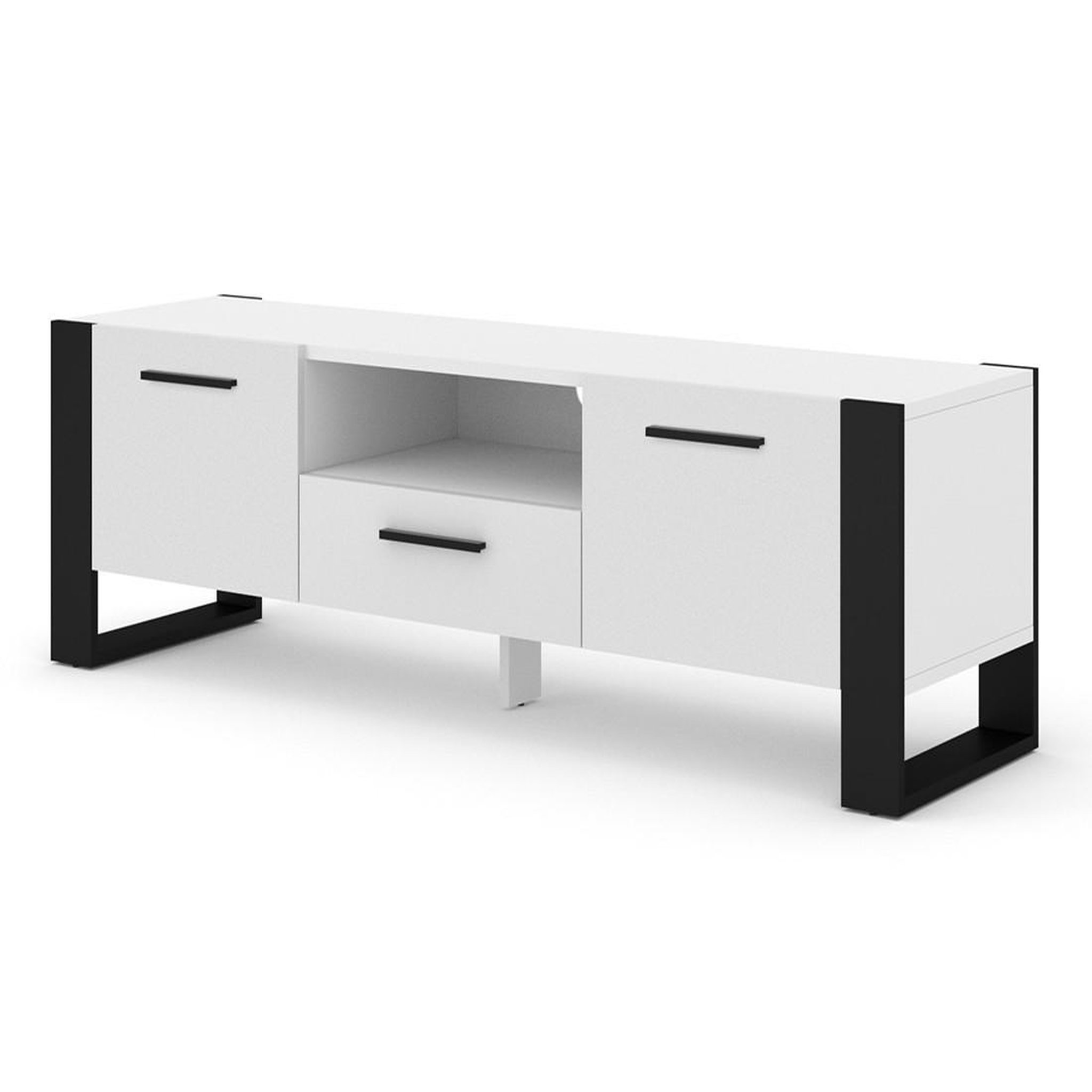 Voir la diapositive 1 : BEST MOBILIER Donnely - meuble tv - blanc et noir - 2 portes, 1 tiroir et 1 niche - 160 cm