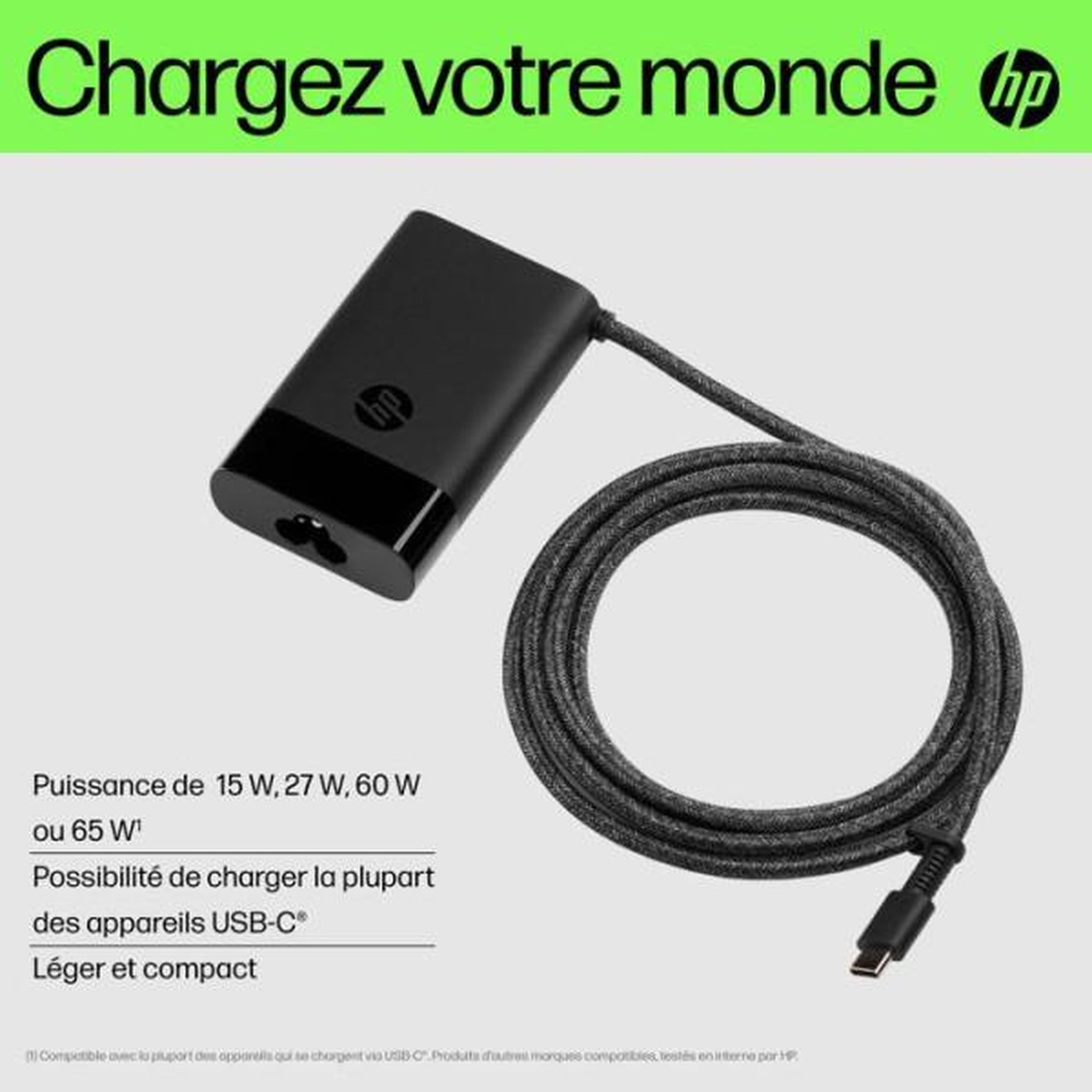 Voir la diapositive 4 : HP Chargeur ordinateur portable pc 65w noir mat compact usb-c eu