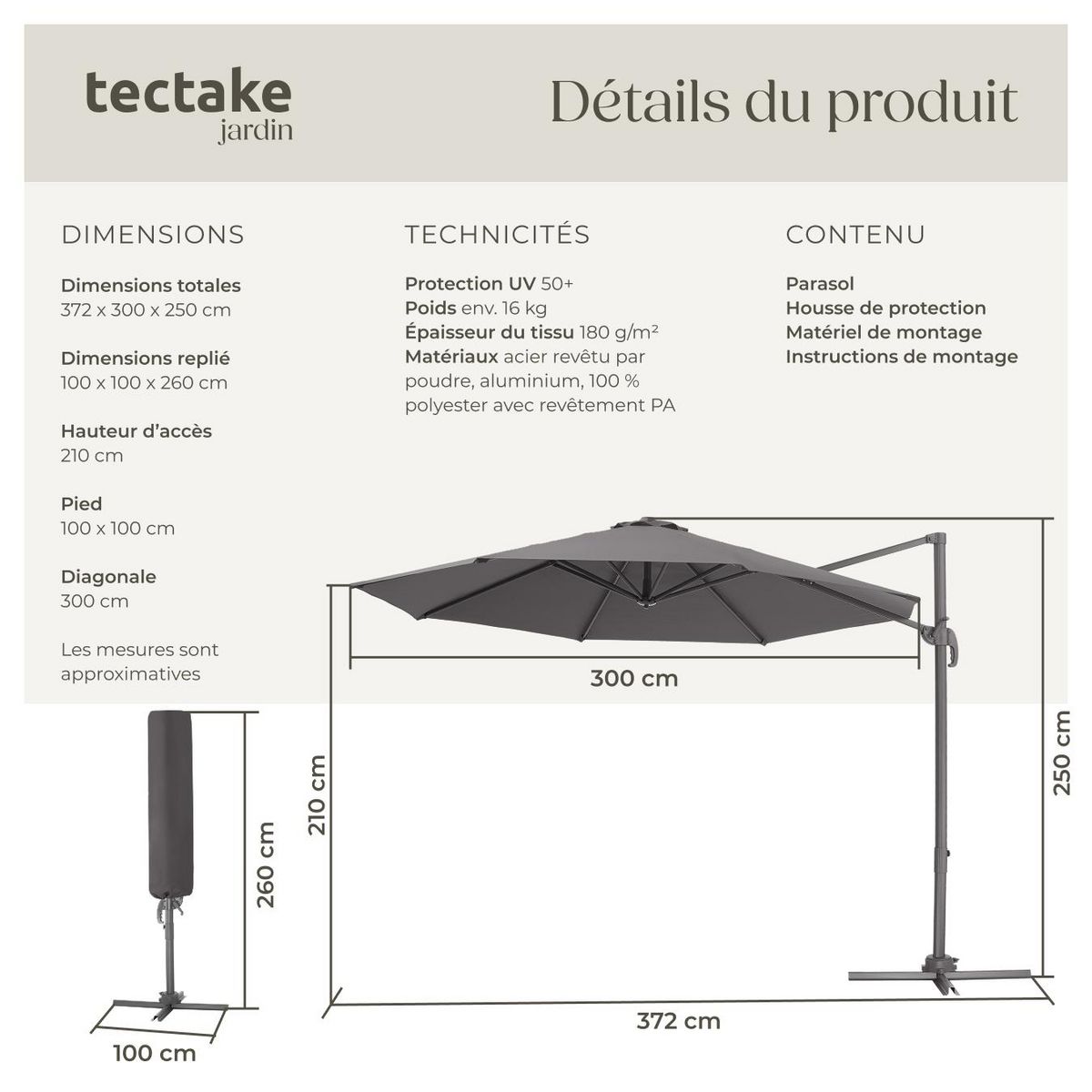 tectake Parasol ø 300 cm gris