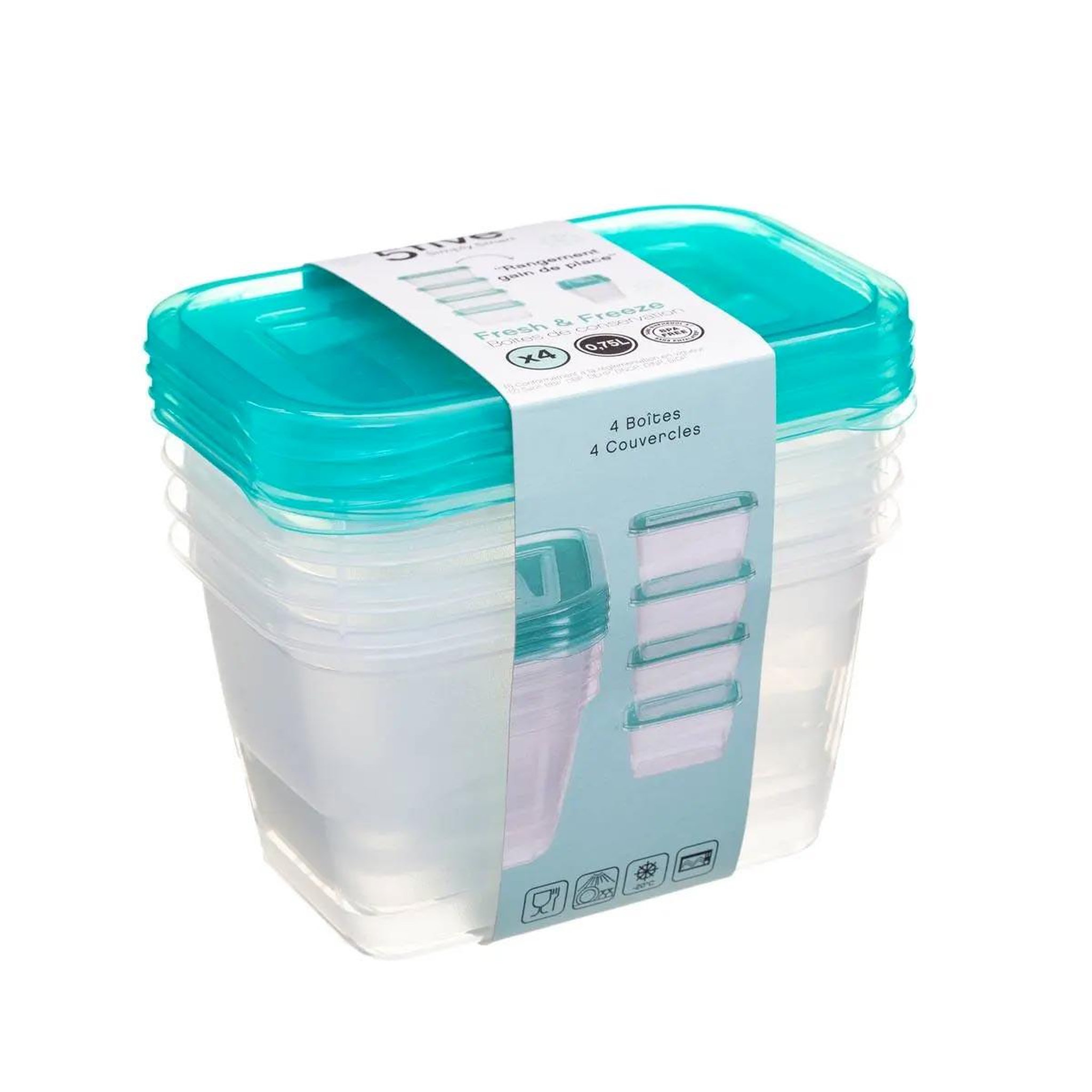 Voir la diapositive 2 : FIVE Lot de 4 boîtes de conservation  fresh & freeze  0,75l bleu