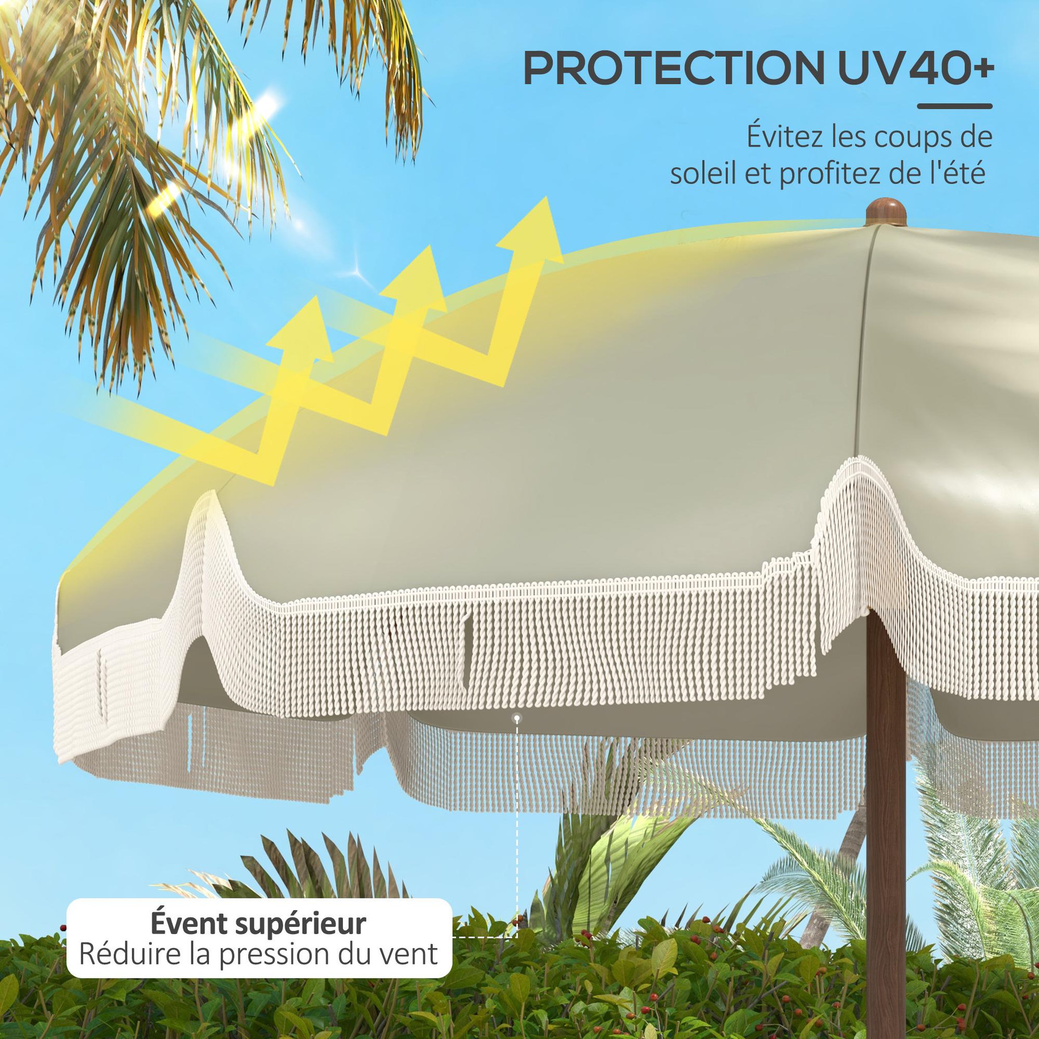 Voir la diapositive 3 : OUTSUNNY Parasol droit de plage jardin style bohème à franges UV40+ vert