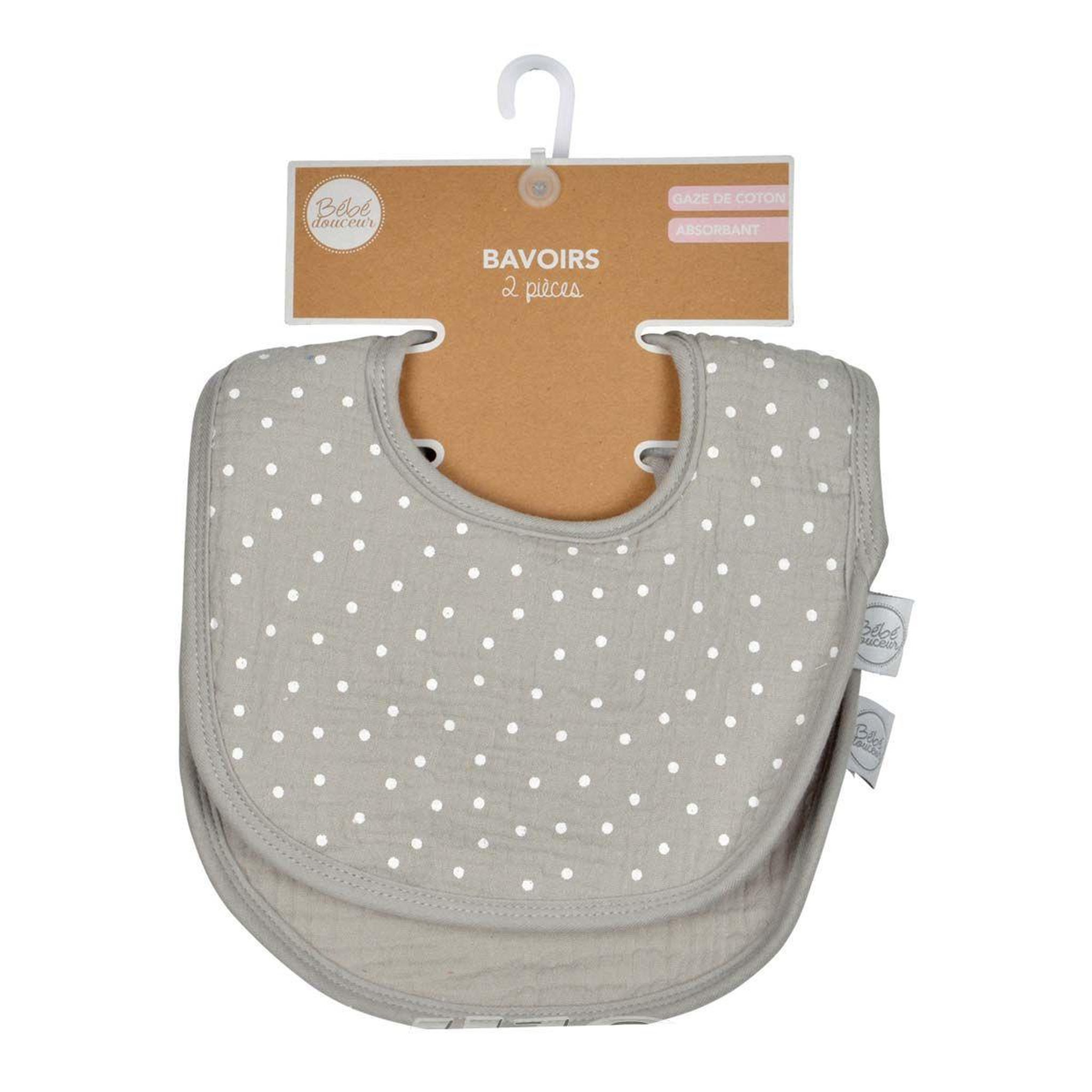 Voir la diapositive 4 : BEBE DOUCEUR Lot de 2 bavoirs bébé  absorbant  27cm gris
