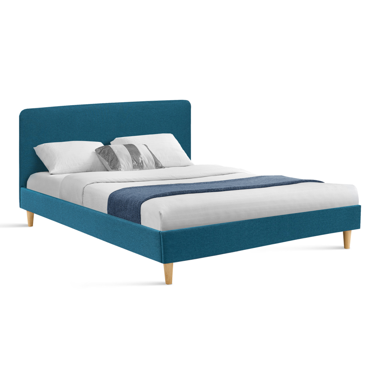 ID MARKET Lit double scandinave BALTA avec tête de lit et sommier 140 x 190 cm tissu bleu canard