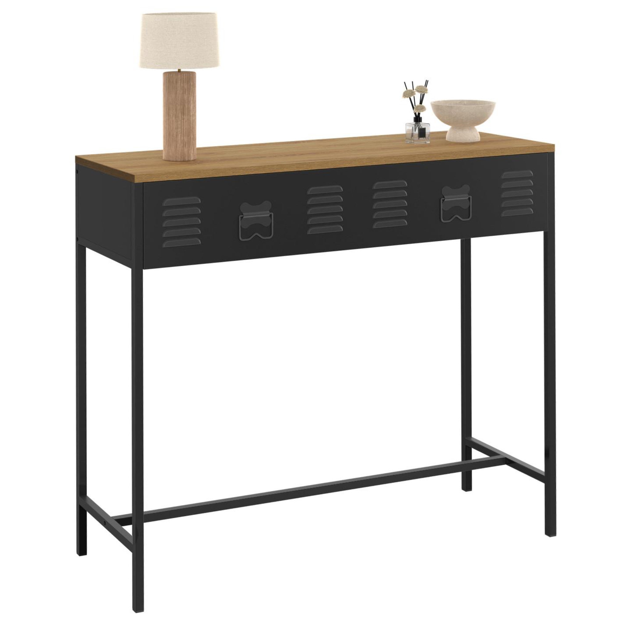 ID MARKET Console 1 tiroir ester métal noir plateau bois design industriel