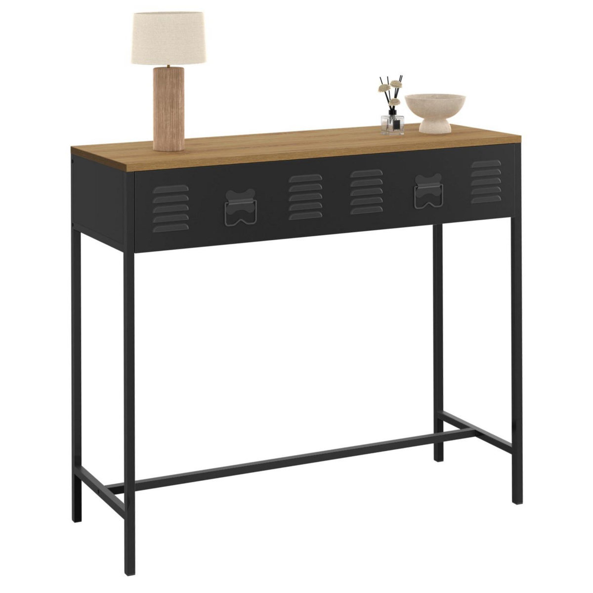 ID MARKET Console 1 tiroir ESTER métal noir plateau bois design industriel