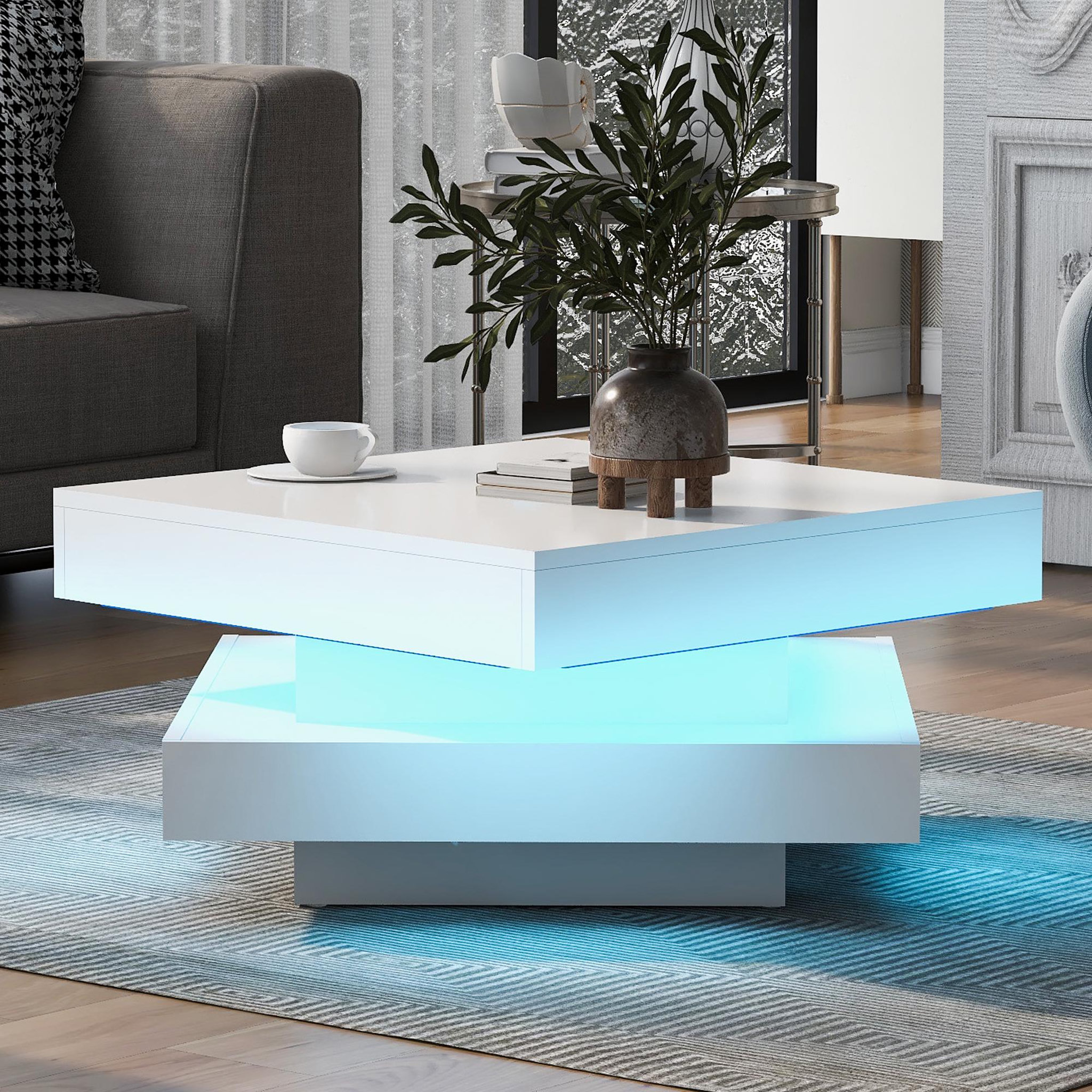 Voir la diapositive 2 : MERAX Table Basse Carrée Blanche Brillante Avec Plateau Pivotant Et Lumière LED 16 Couleurs, 70x70x36 Cm