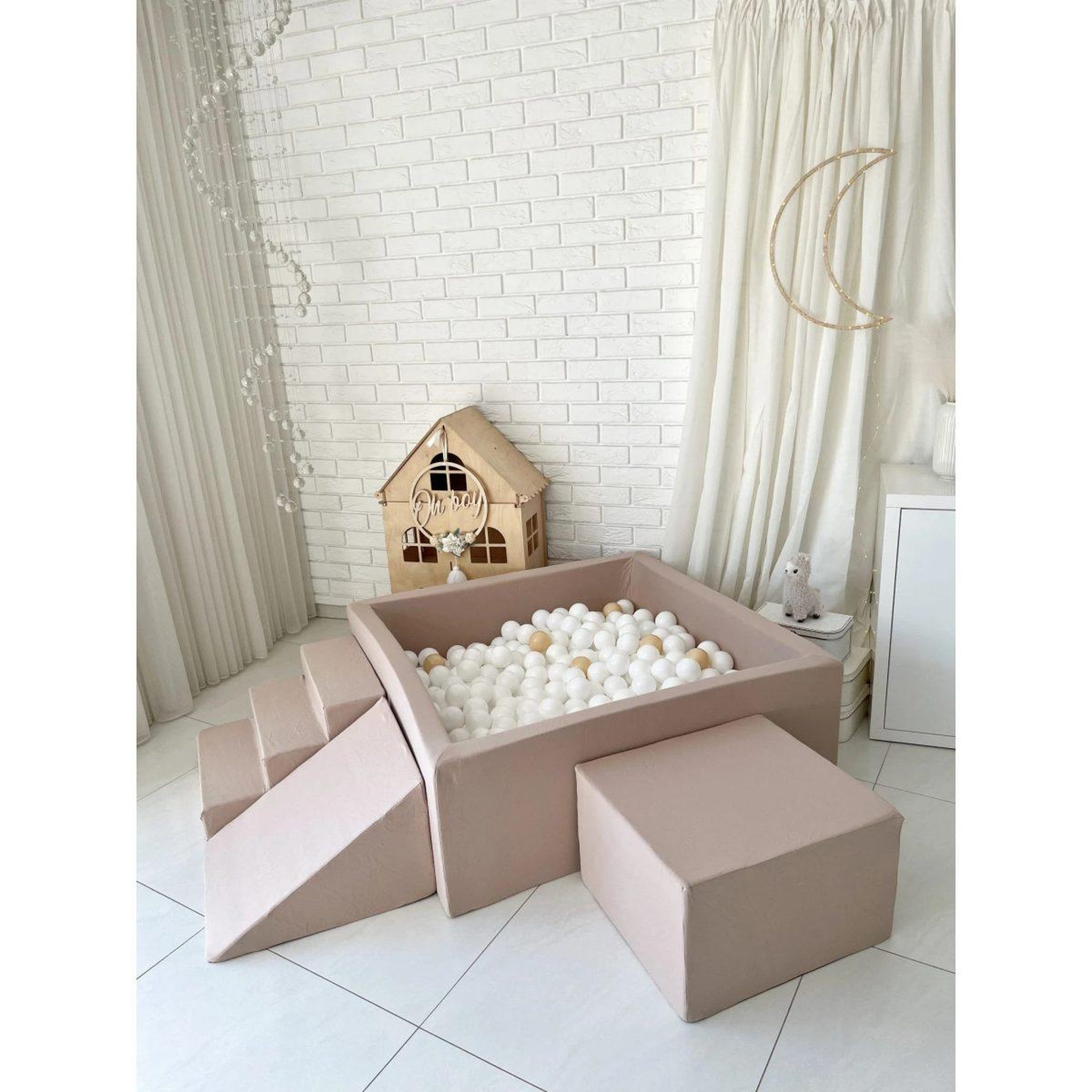 Voir la diapositive 5 : MONIO FOR KIDS Piscine à balles carrée 106 x 106 x 40 cm avec modules en mousse avec 400 balles — Beige