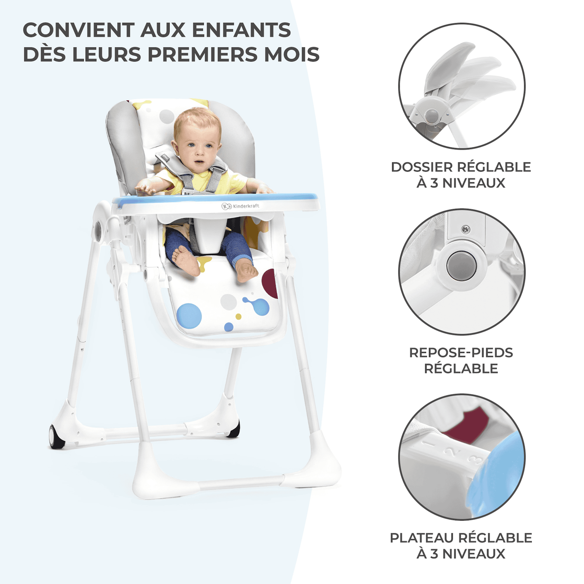 KINDERKRAFT Chaise haute bebe reglable pliante plateau amovib