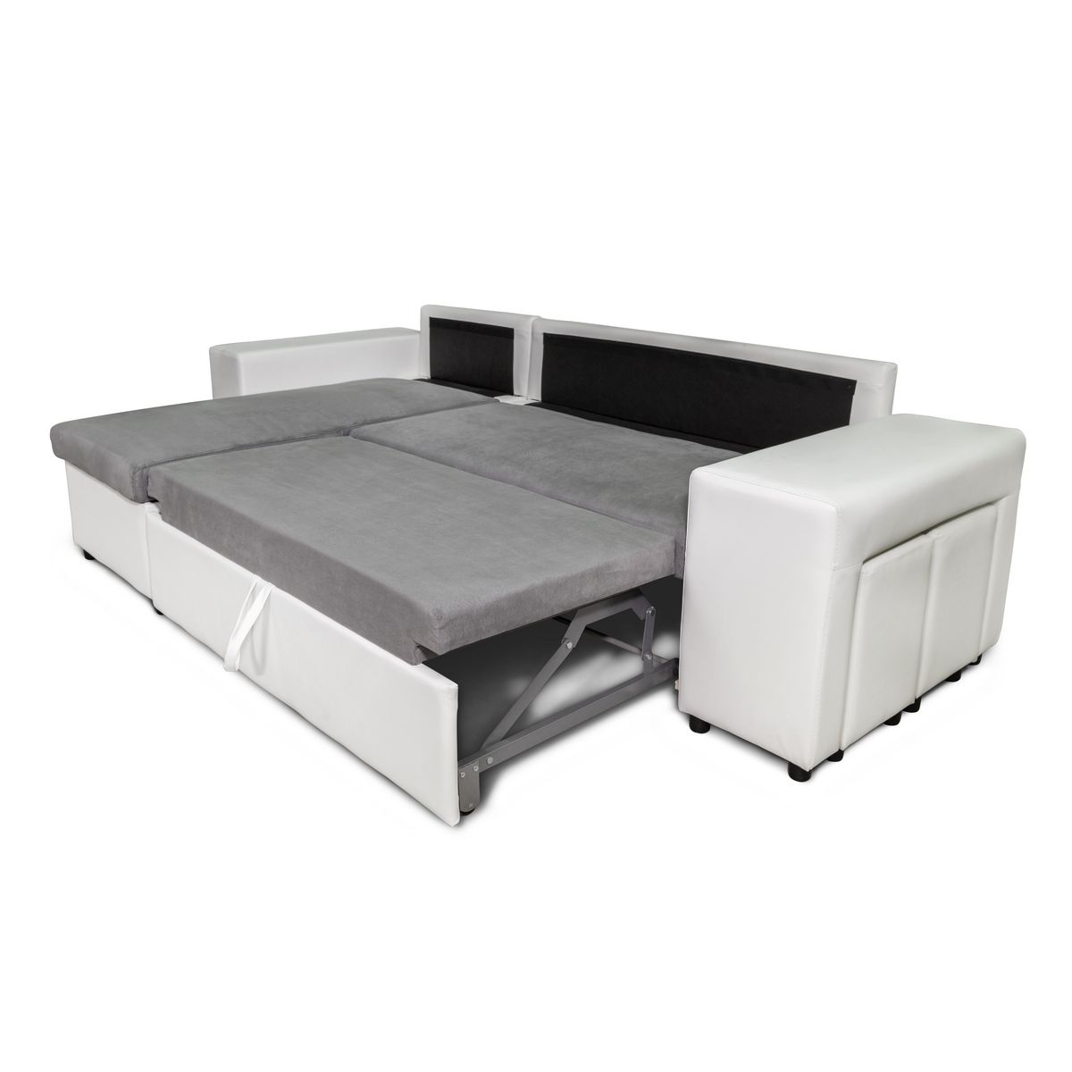 Canapé d'angle convertible avec coffre 3 places + 2 poufs à droite et étagère à gauche MACHA