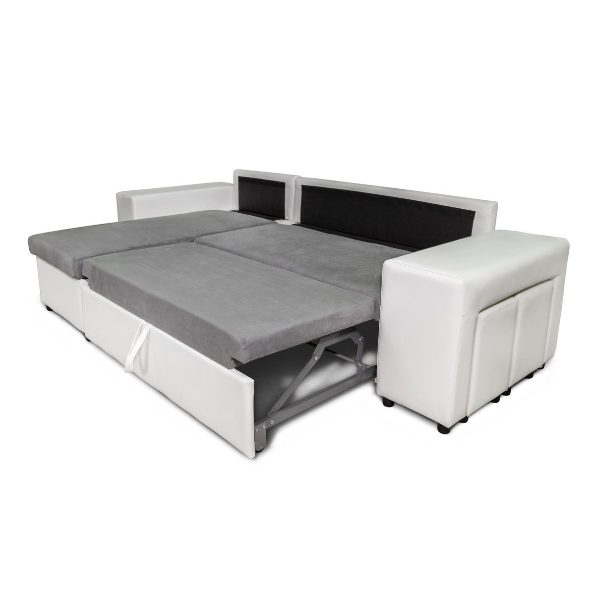 Canapé d'angle convertible avec coffre 3 places + 2 poufs à droite et étagère à gauche MACHA