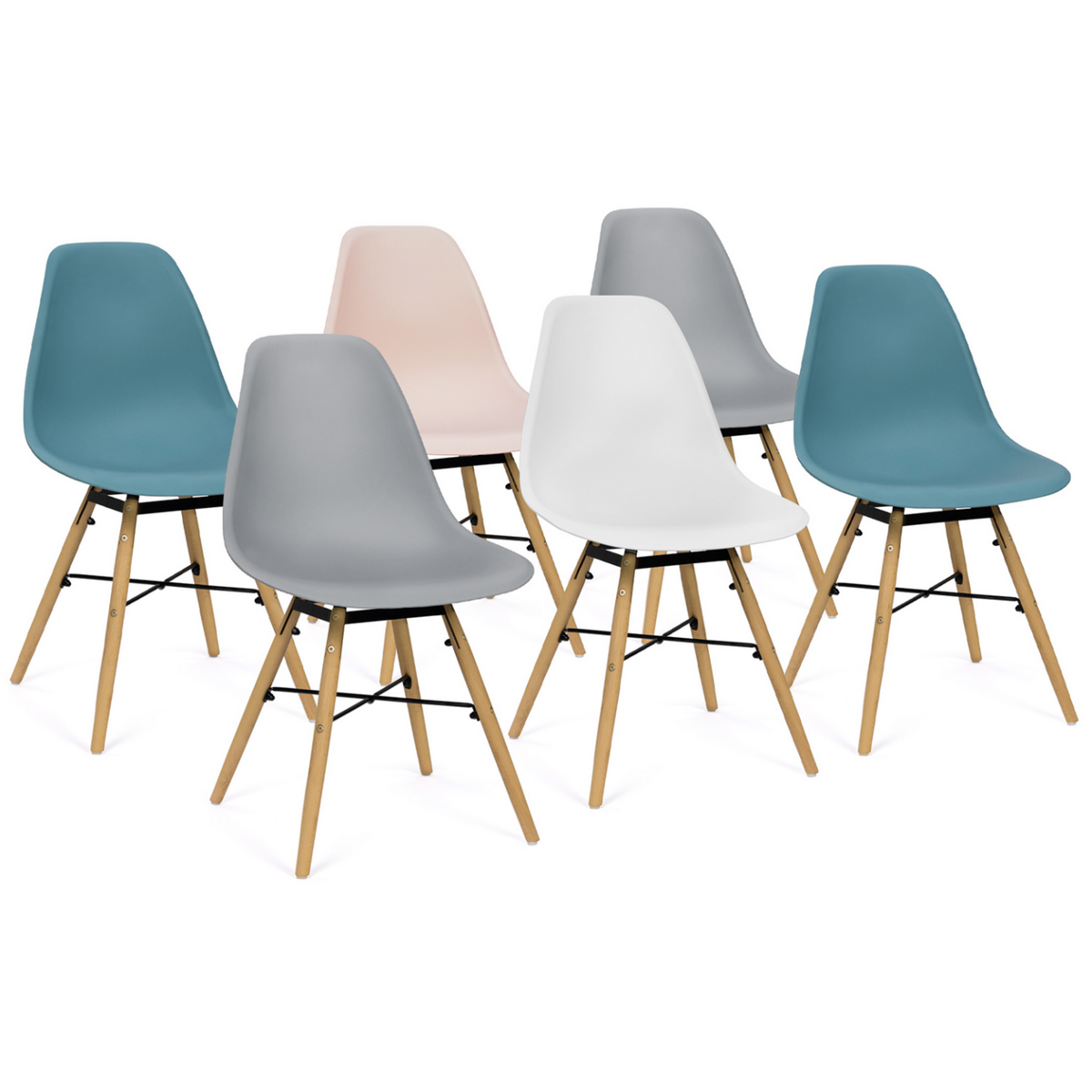 ID MARKET Lot de 6 chaises SANDRA mix color pastel rose, blanc, gris clair x2, bleu x2