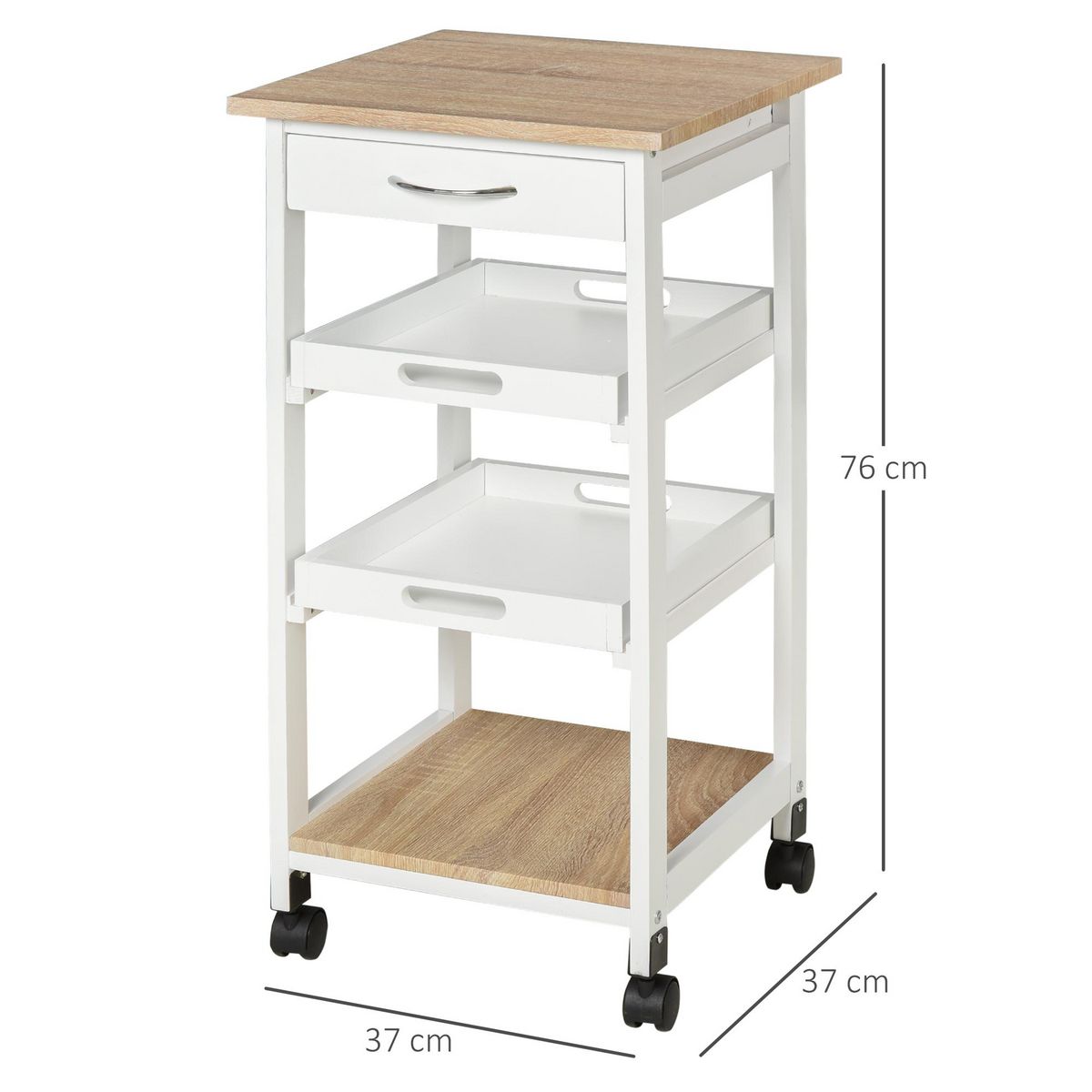 HOMCOM Chariot de service desserte de cuisine à roulettes 2 plateaux amovibles, tiroir, étagère MDF chêne clair bois pin