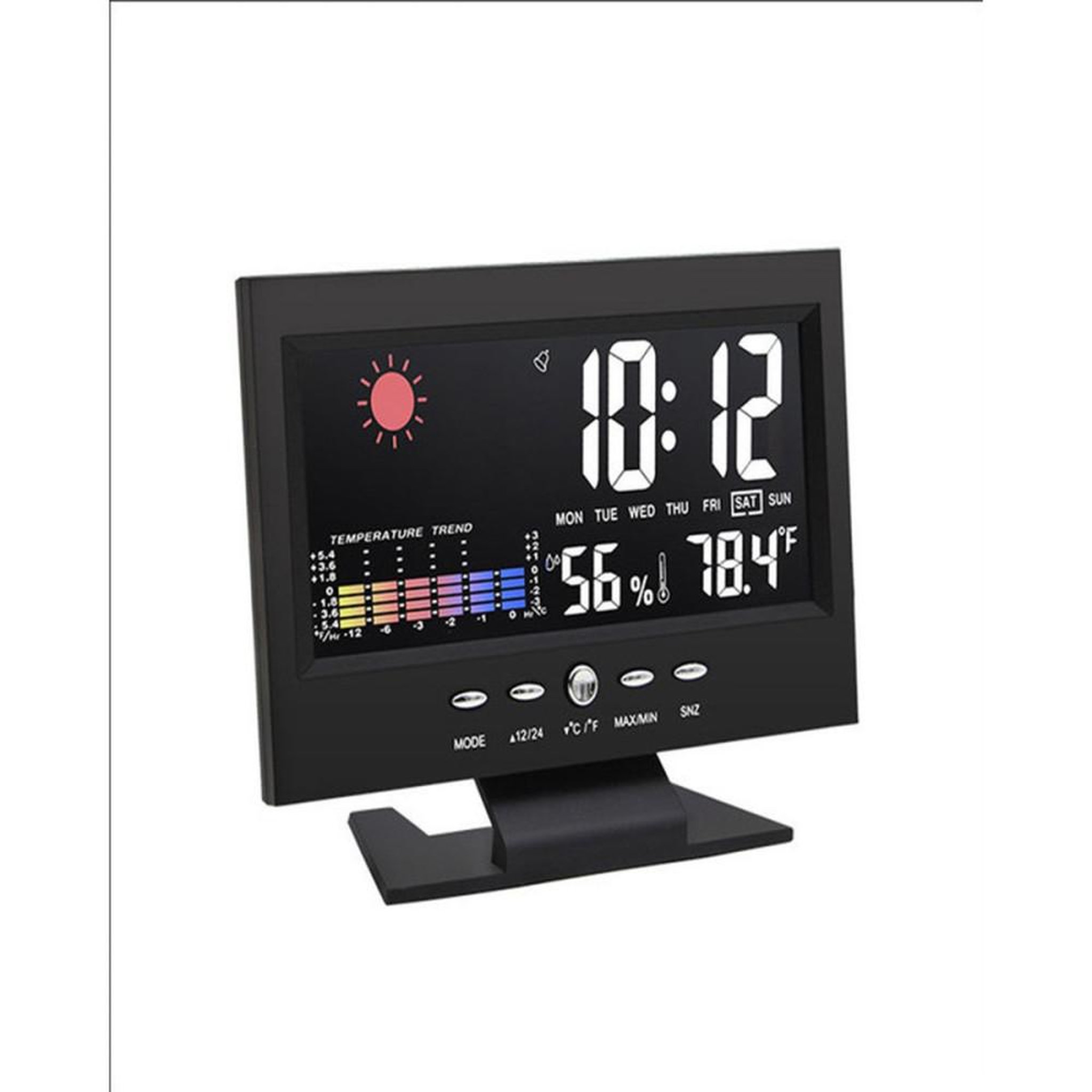 Réveil horloge numérique LCD rétroéclairé noir avec météo, température °C/°F et humidité, affichage heure, date et jour, graphique tendance et SNZ