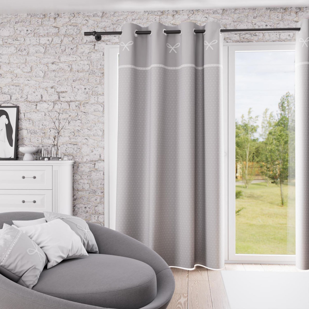 SOLEIL D'OCRE Rideau à oeillets brodé en coton 135x250 cm EMILIE, par Soleil d'ocre