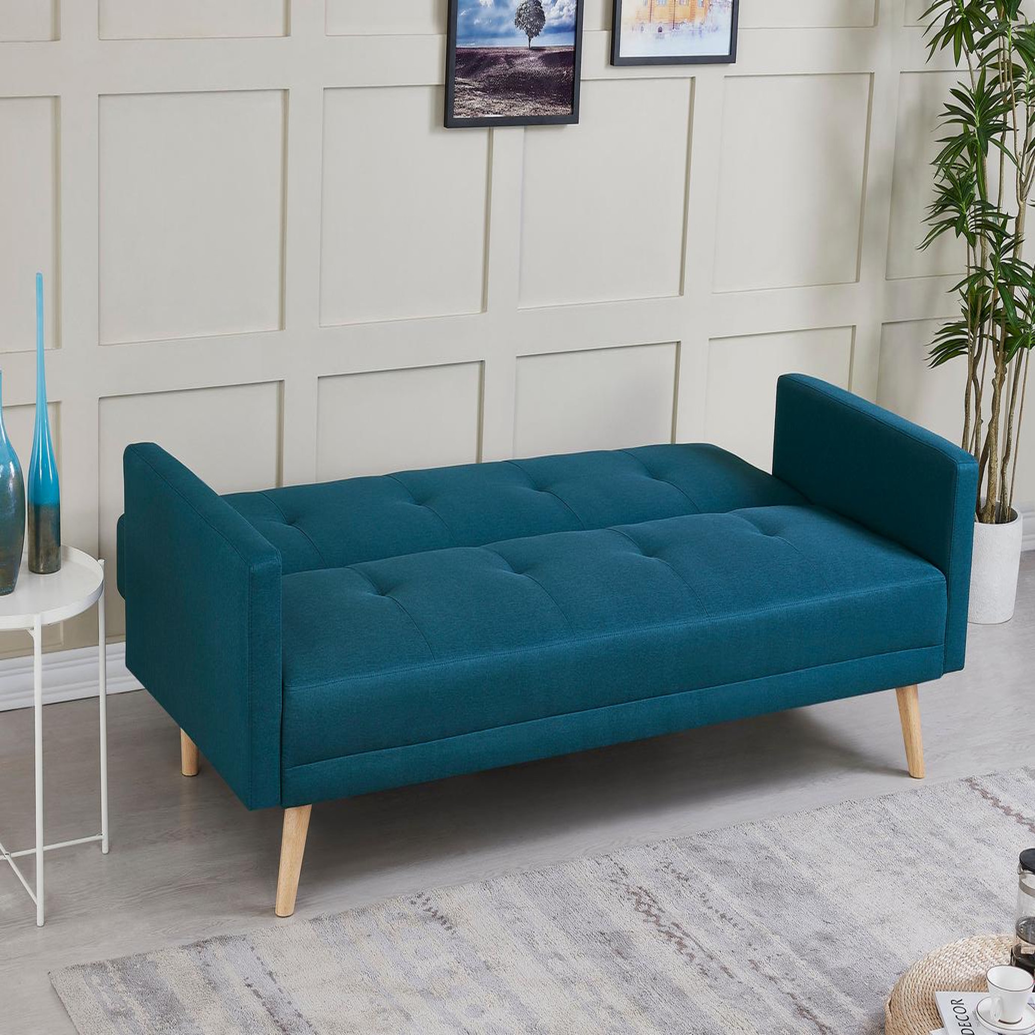 Voir la diapositive 6 : CONCEPT USINE Canapé scandinave convertible 3 places en tissu bleu canard wooden