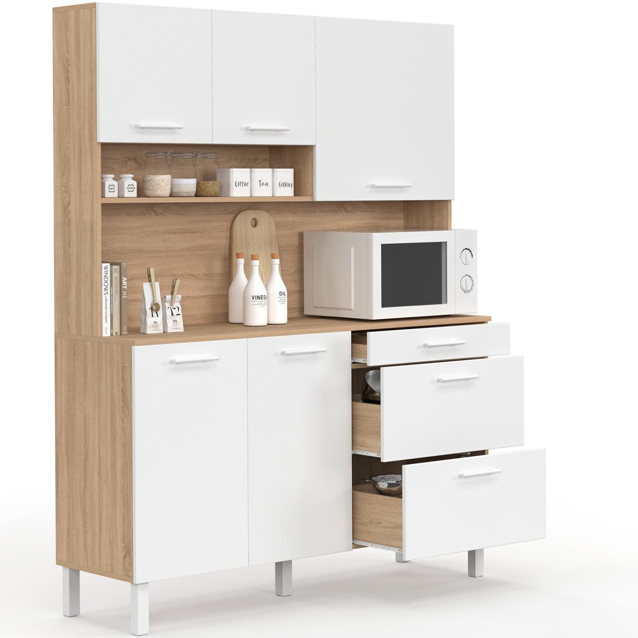 ID MARKET Buffet casserolier de cuisine 140 cm cina 5 portes + 3 tiroirs façon hêtre et blanc