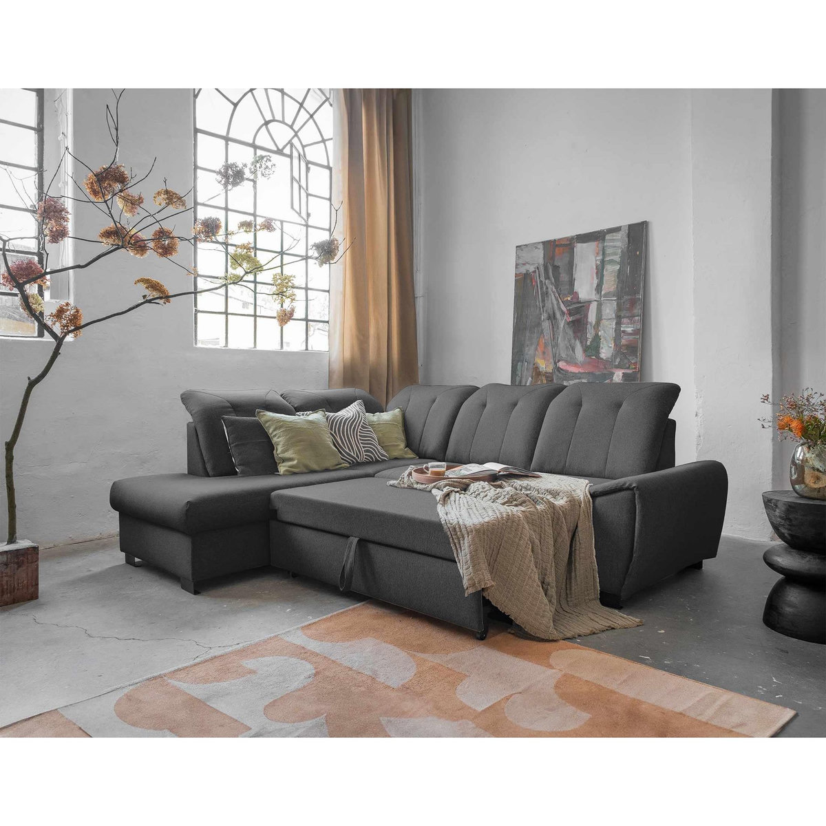 BEST MOBILIER Paul - canapé d'angle gauche - 5 places - convertible avec coffre et têtières - en tissu