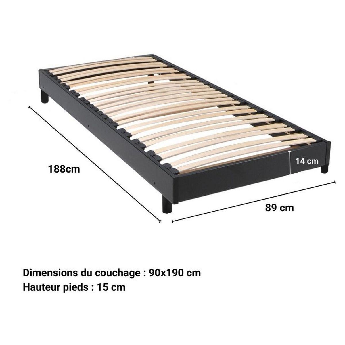 Sommier cadre à lattes sur pieds 90x190 cm 26 lattes  ASCQ