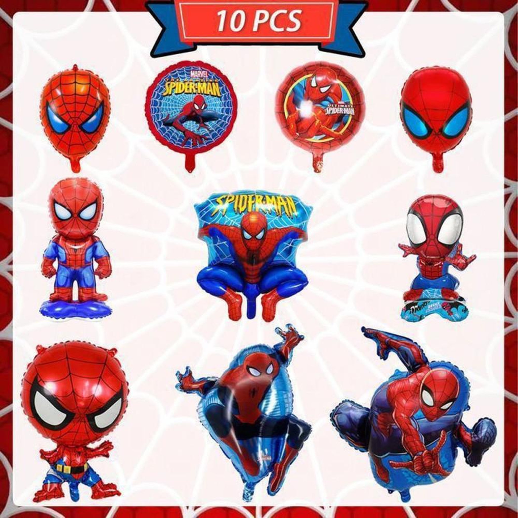 Voir la diapositive 2 : Set ballons anniversaire Spider-Man 10 pièces en aluminium et latex, ballons folie imprimés et ballons ronds rouges et bleus