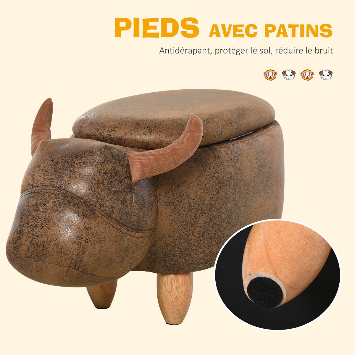 HOMCOM Tabouret vache - pouf vachette - pouf taureau coffre de rangement 2 en 1 - pieds bois d'hévéa revêtement synthétique aspect daim vieilli marron