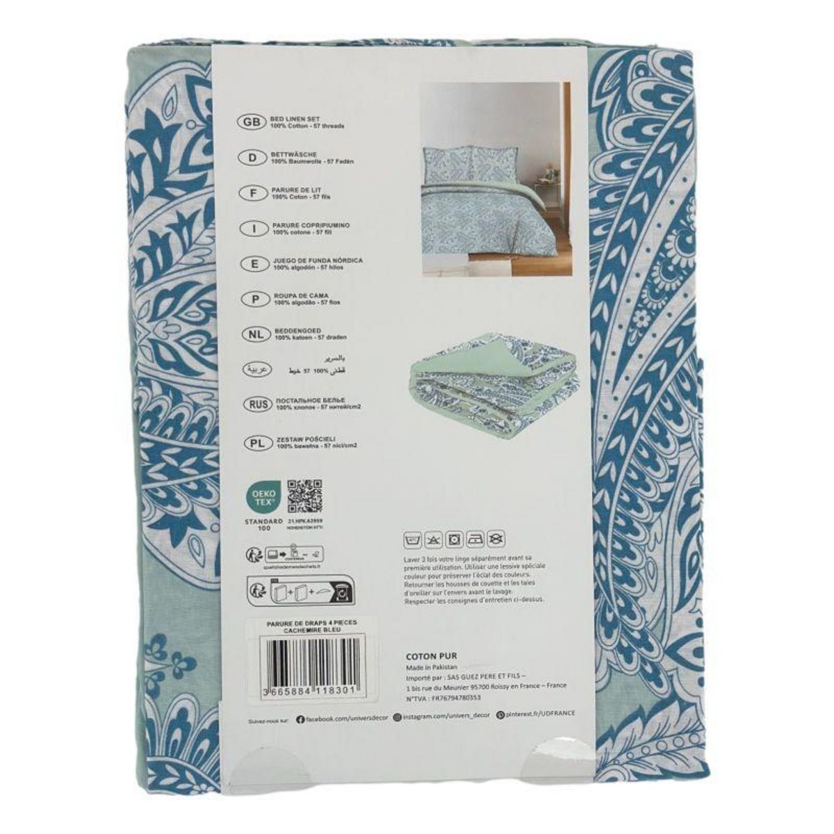 COTON PUR Parure de draps 4 pièces pour lit 140 x 190 cm Cachemire bleu