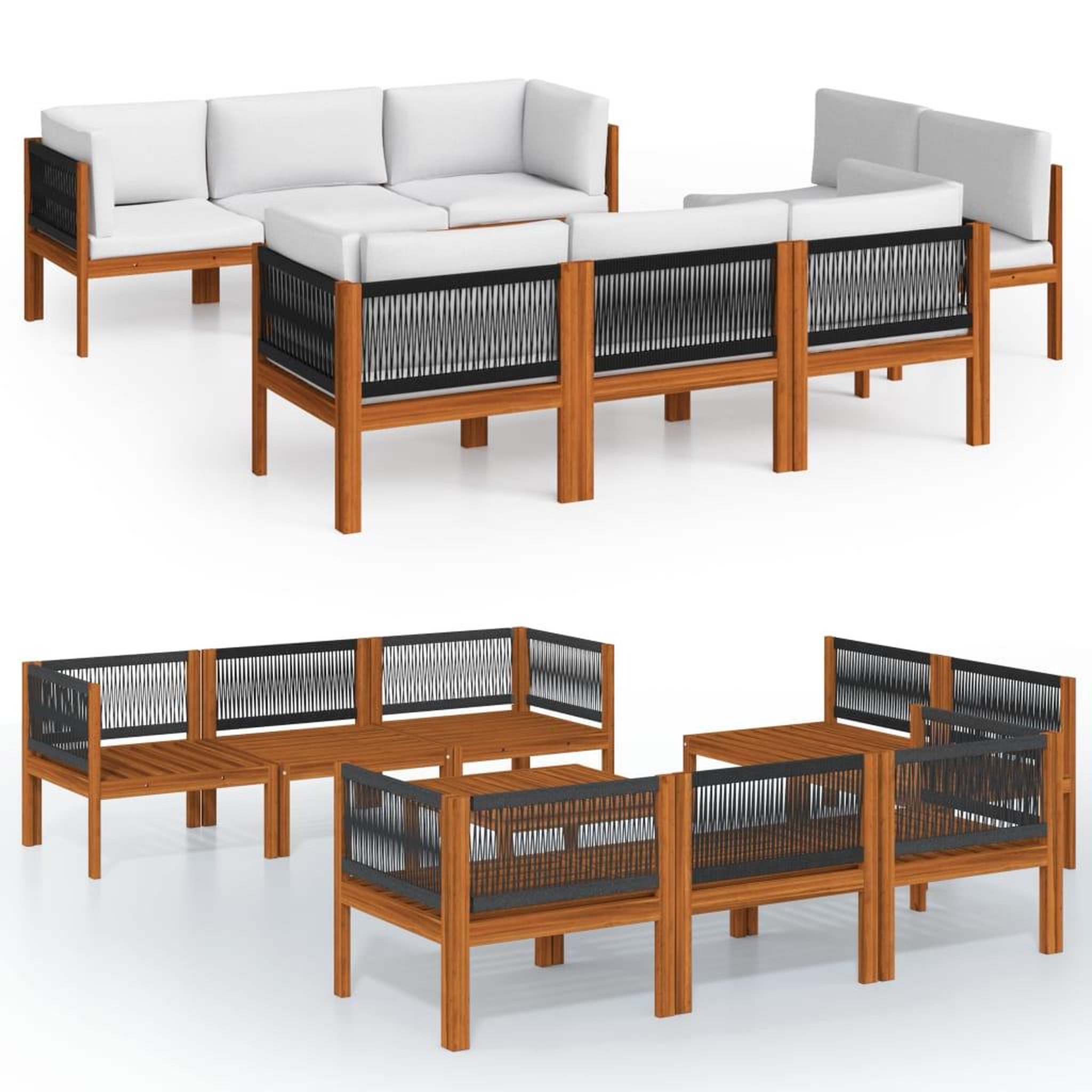 Voir la diapositive 2 : VIDAXL Salon de jardin 9 pieces avec coussins, bois d'acacia creme et corde