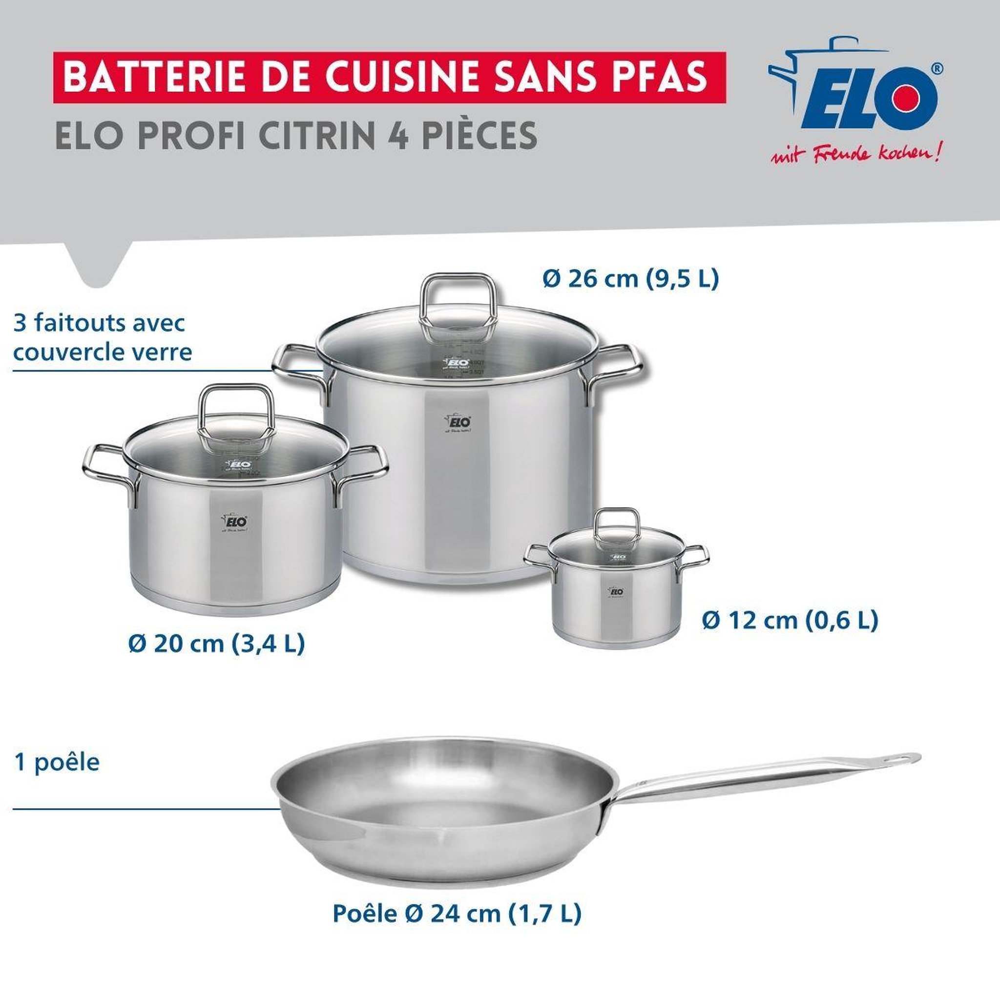 Voir la diapositive 2 : 666 Barcelona Ensemble de 1 Poêle de cuisson 24 cm et 3 faitouts 12, 20 et 26 cm Elo Profi Citrin