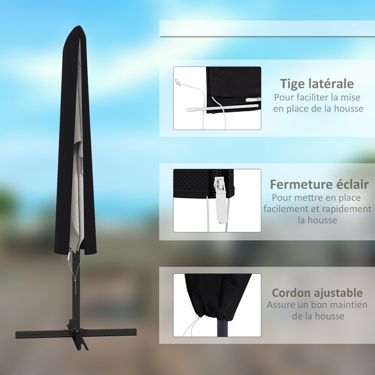 OUTSUNNY Housse de protection imperméable pour parasol droit avec fermeture éclair et cordon de serrage polyester oxford noir