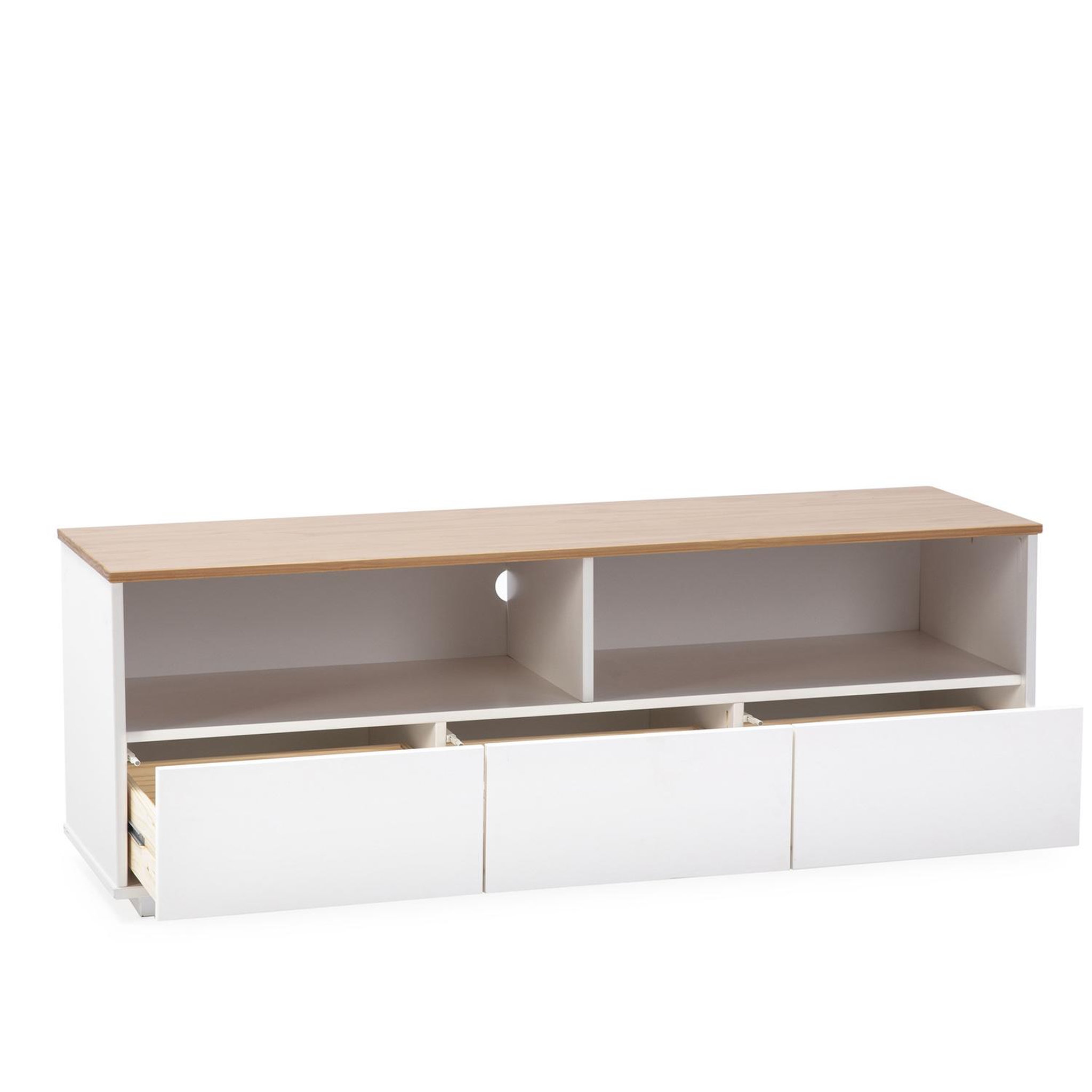 Voir la diapositive 2 : VS VENTA-STOCK Meuble tv Bob 3 tiroirs 2 niches blanc/chêne, bois massif