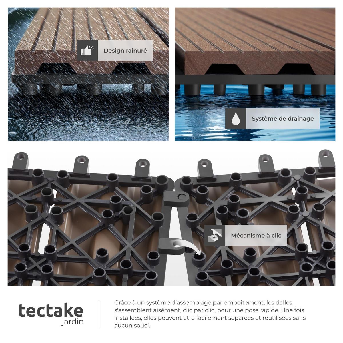 tectake Dalles de terrasse Lot de 11 dalles avec système de clic marron Ensemble de 11 pièces