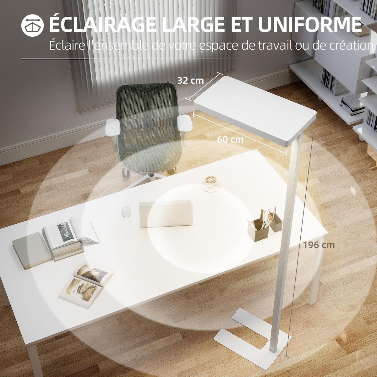 HOMCOM Lampadaire LED dimmable sur pied de bureau 1560LM 40W H.196cm spectre complet réglable télécommande blanc