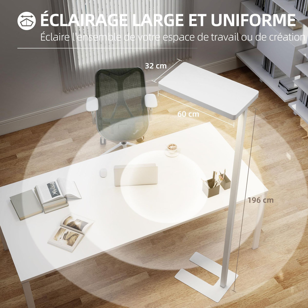 HOMCOM Lampadaire LED dimmable sur pied de bureau 1560LM 40W H.196cm spectre complet réglable télécommande blanc