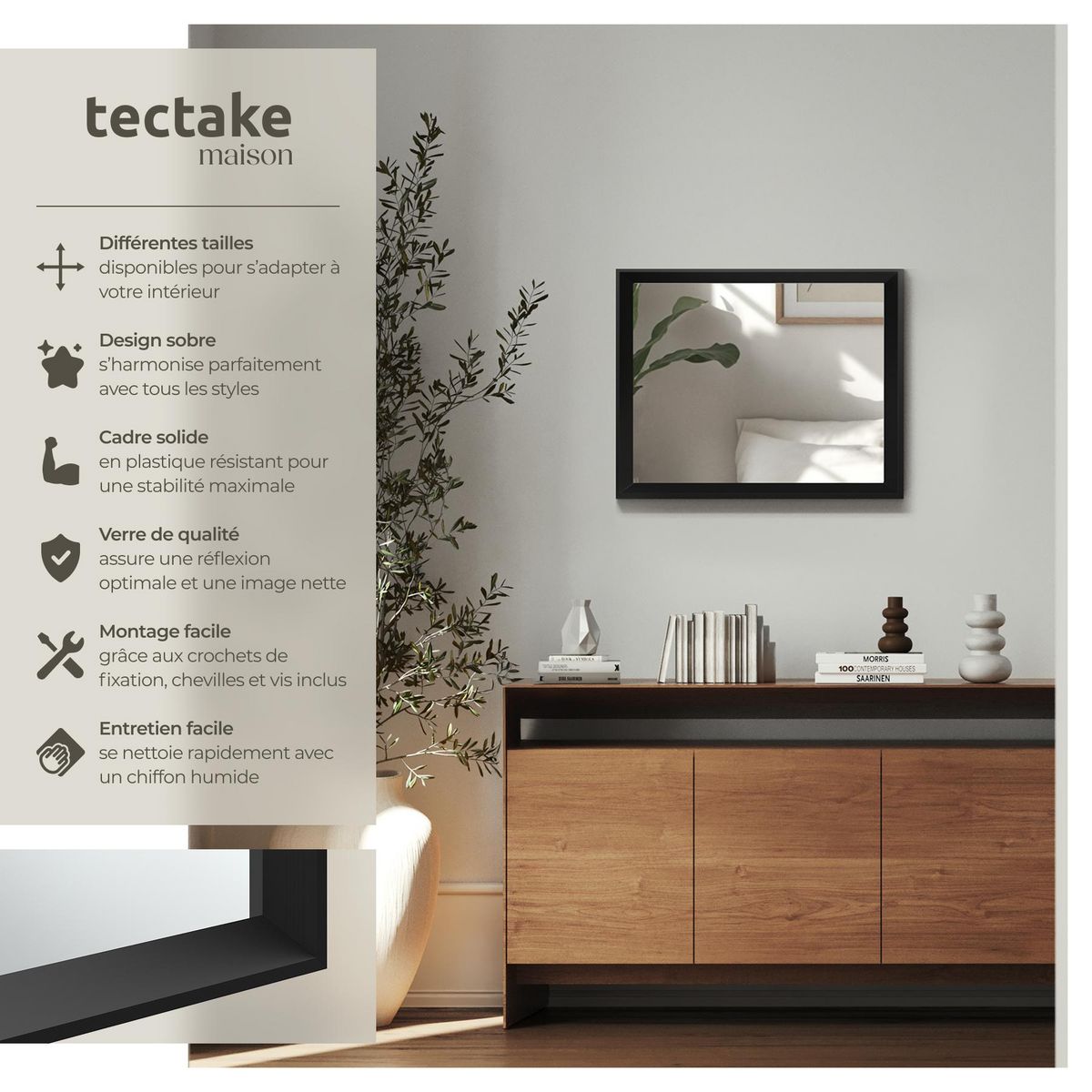 tectake Miroir mural rectangulaire 40,6 x 3,8 x 50,8 cm noir
